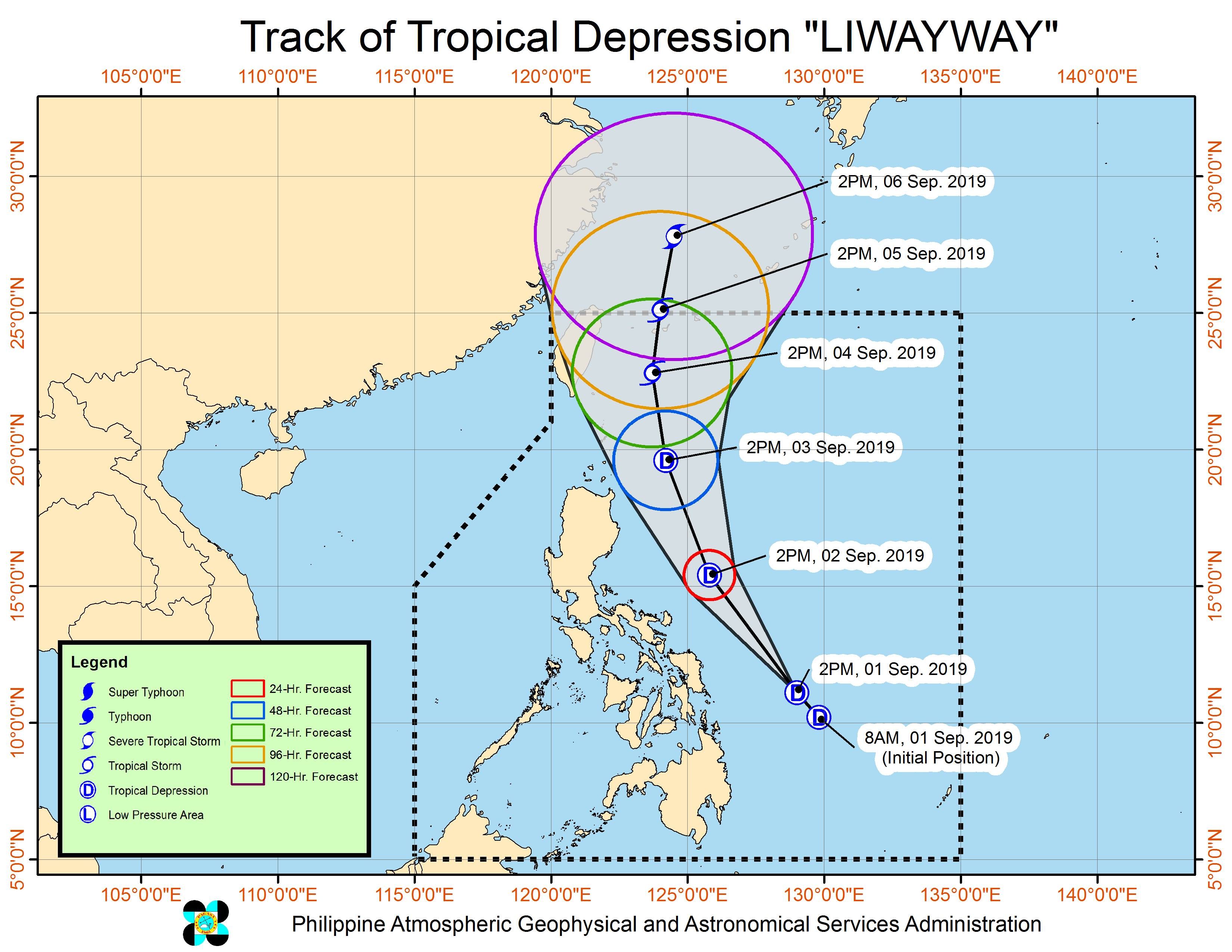 Forecast track of Tropical Depression Liwayway as of September 1, 2019, 5 pm. Image from PAGASA 