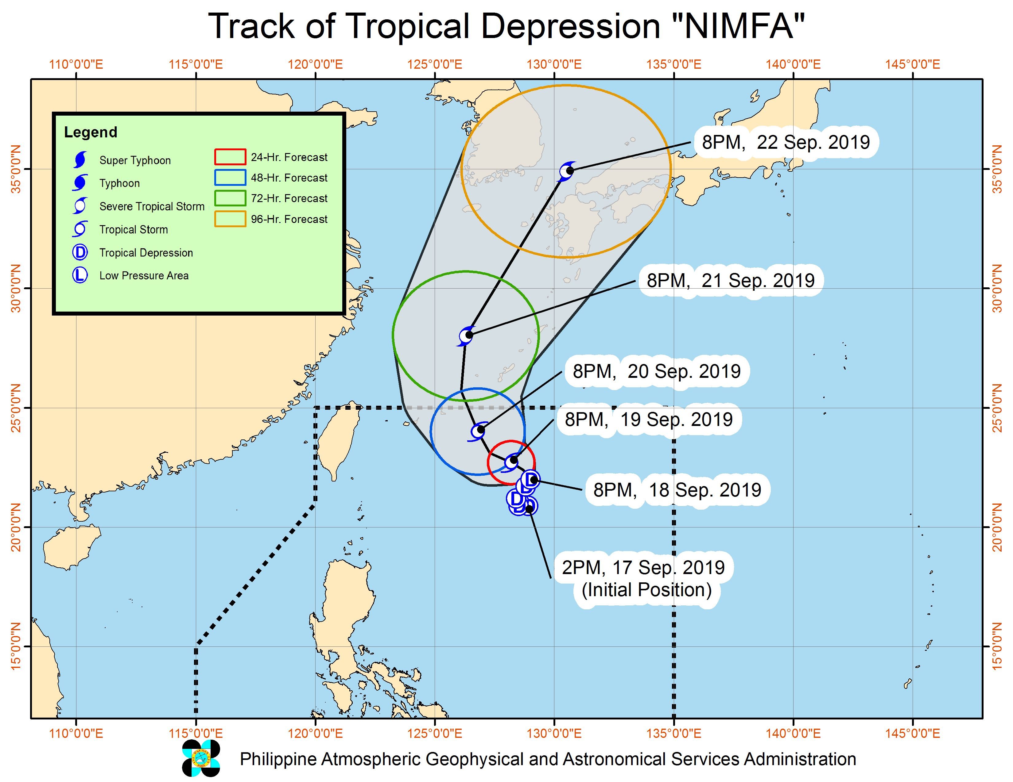 Forecast track of Tropical Depression Nimfa as of September 18, 2019, 11 pm. Image from PAGASA 