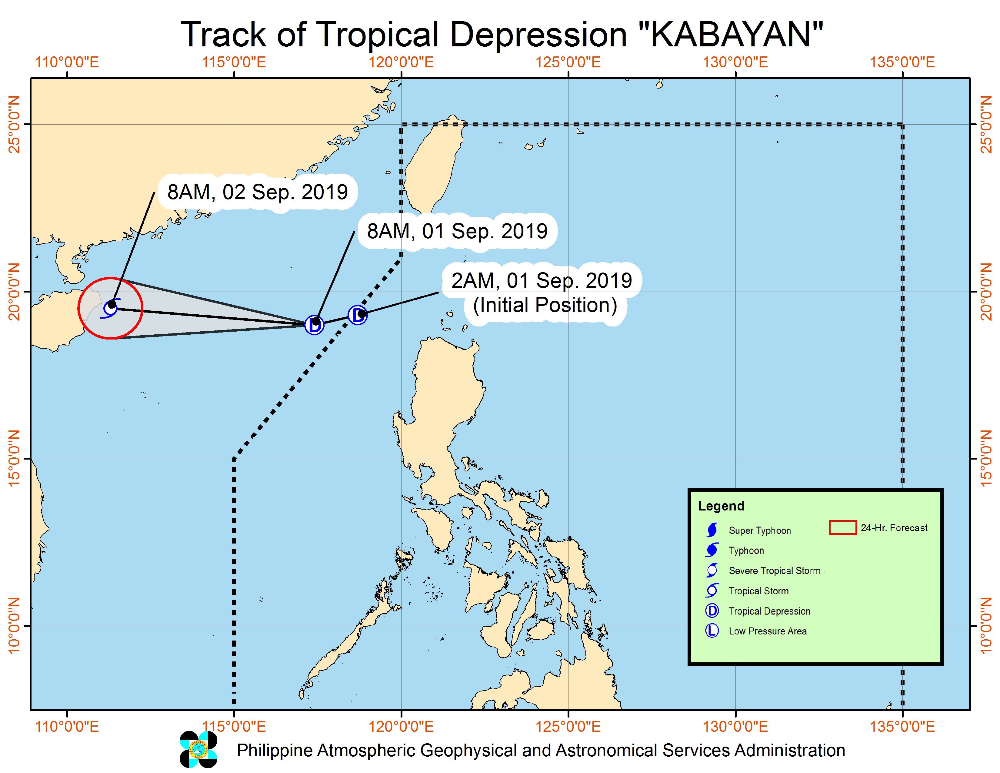 Forecast track of Tropical Depression Kabayan as of September 1, 2019, 11 am. Image from PAGASA 