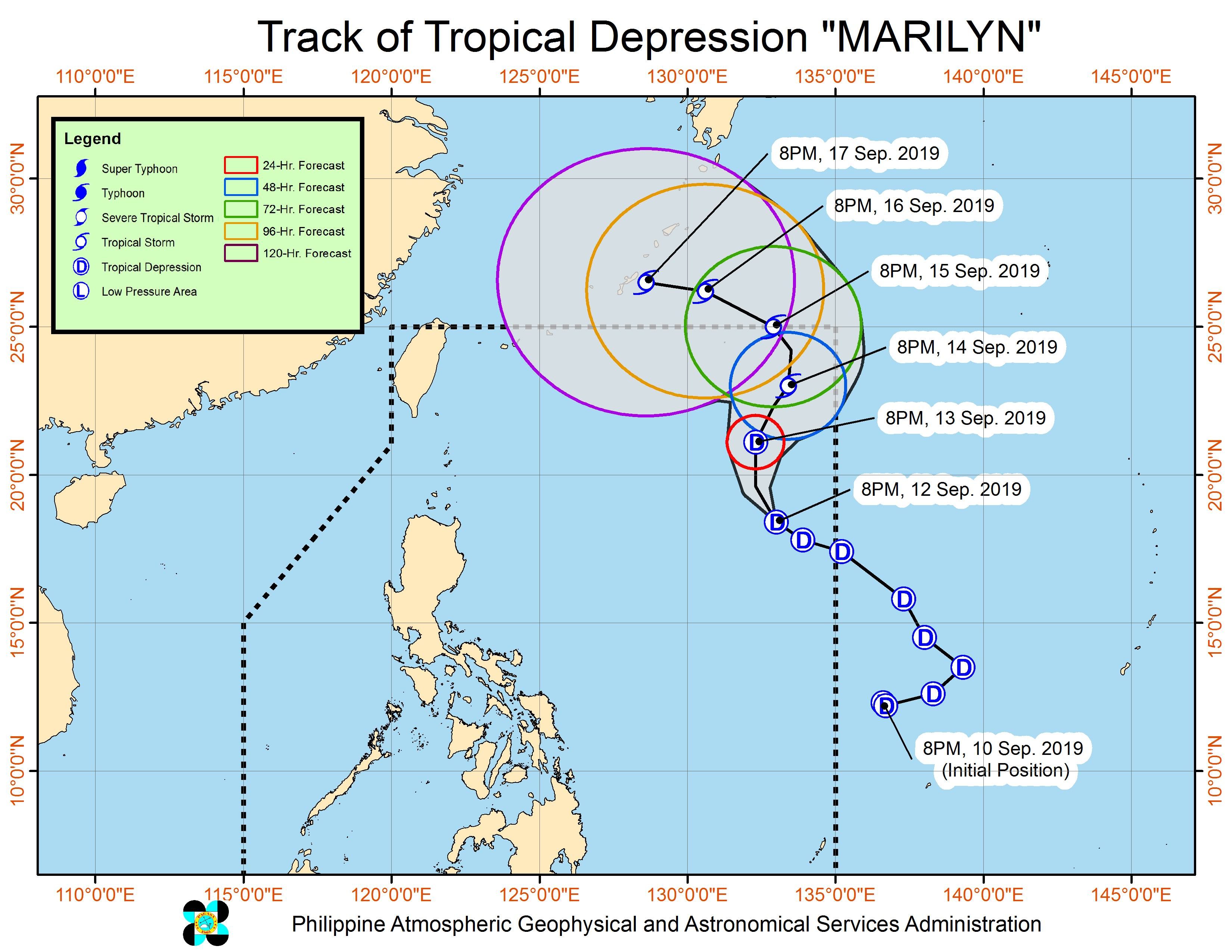 Forecast track of Tropical Depression Marilyn as of September 12, 2019, 11 pm. Image from PAGASA 