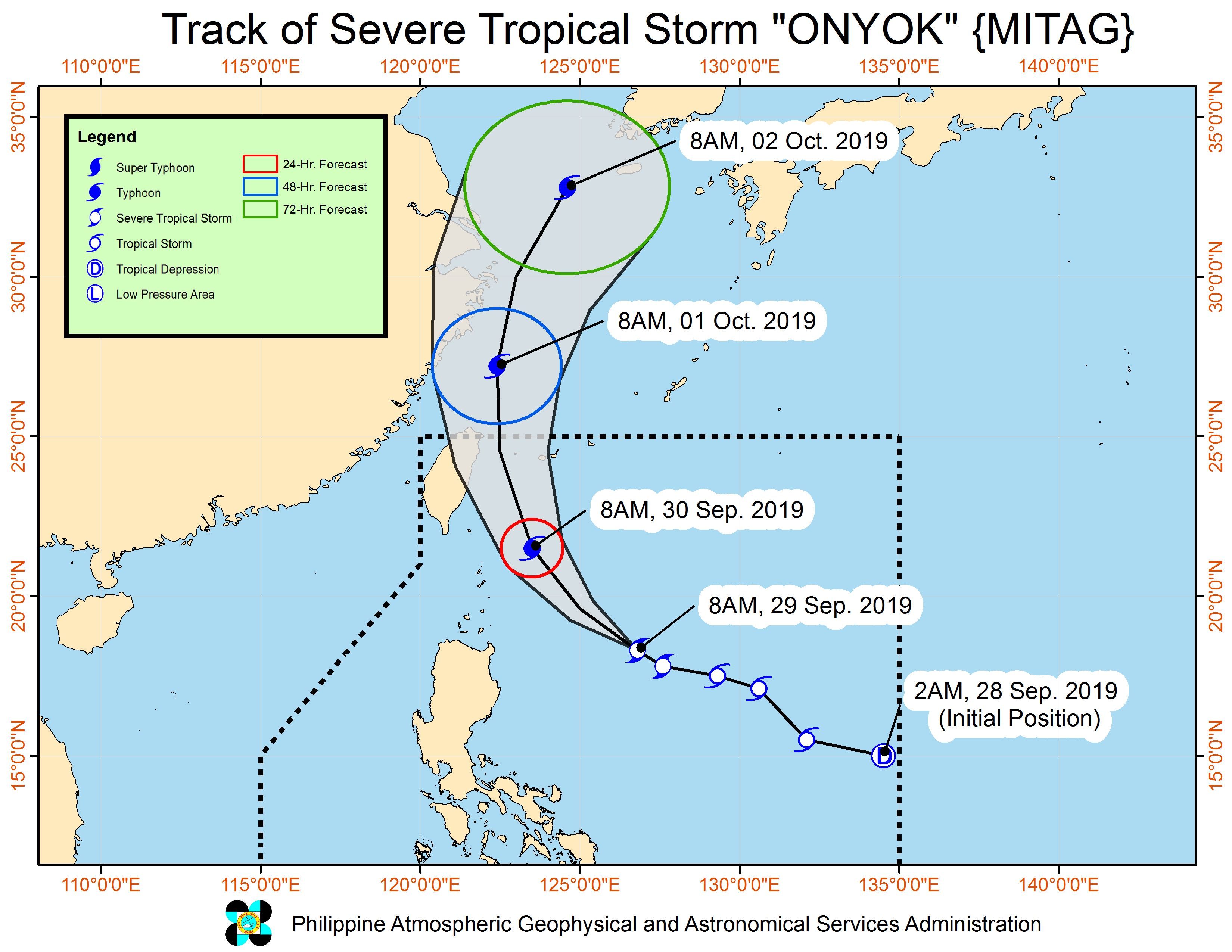 Forecast track of Severe Tropical Storm Onyok (Mitag) as of September 29, 2019, 11 am. Image from PAGASA 