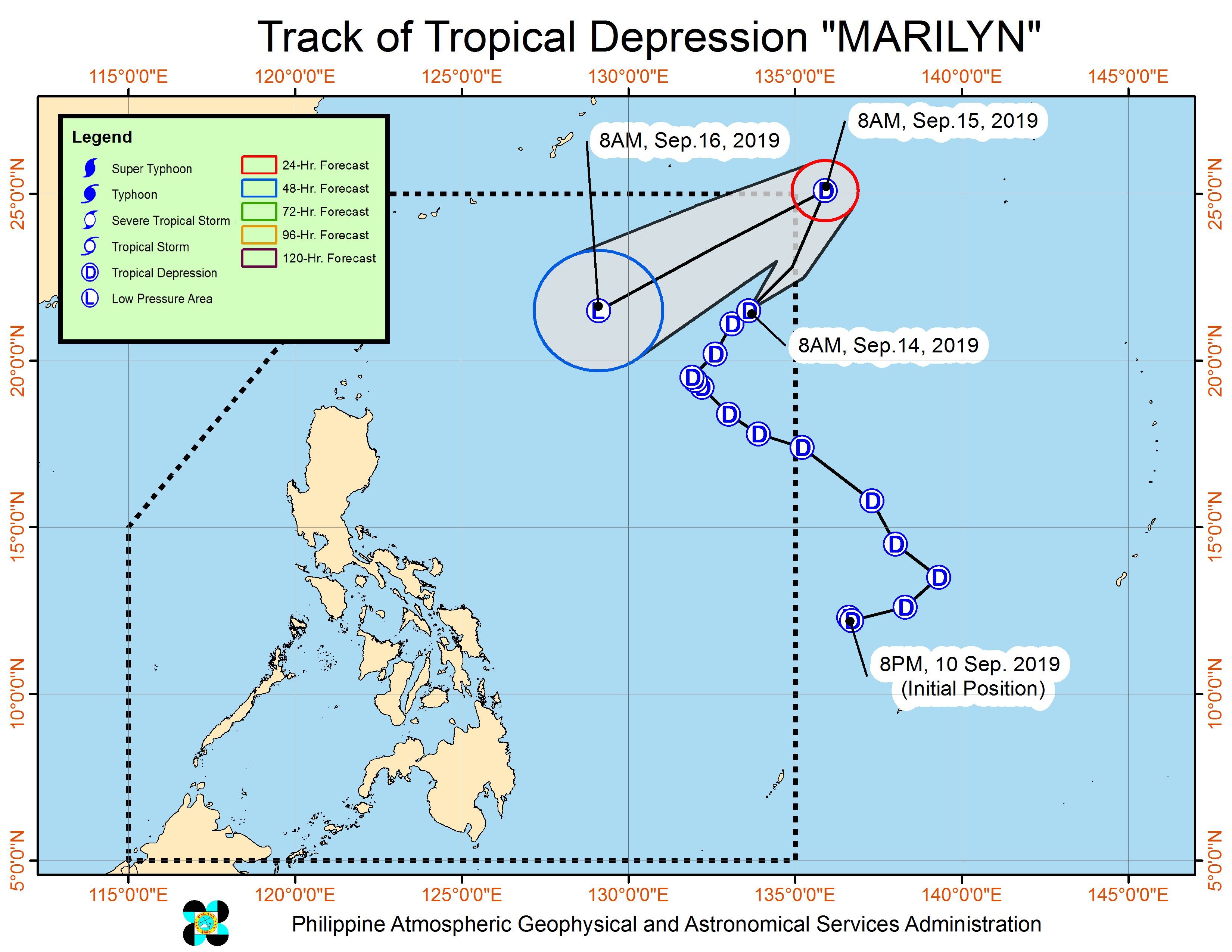Forecast track of Tropical Depression Marilyn as of September 14, 2019, 11 am. Image from PAGASA 