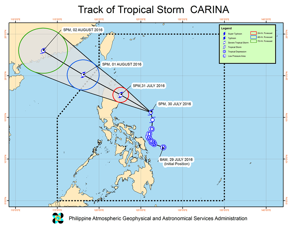 Forecast track of Tropical Storm Carina as of July 30, 8 pm. Image courtesy of PAGASA    