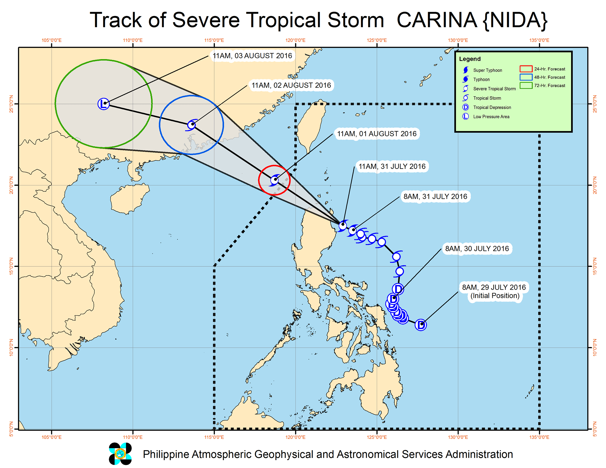 Forecast track of Severe Tropical Storm Carina as of July 31, 2 pm. Image courtesy of PAGASA 