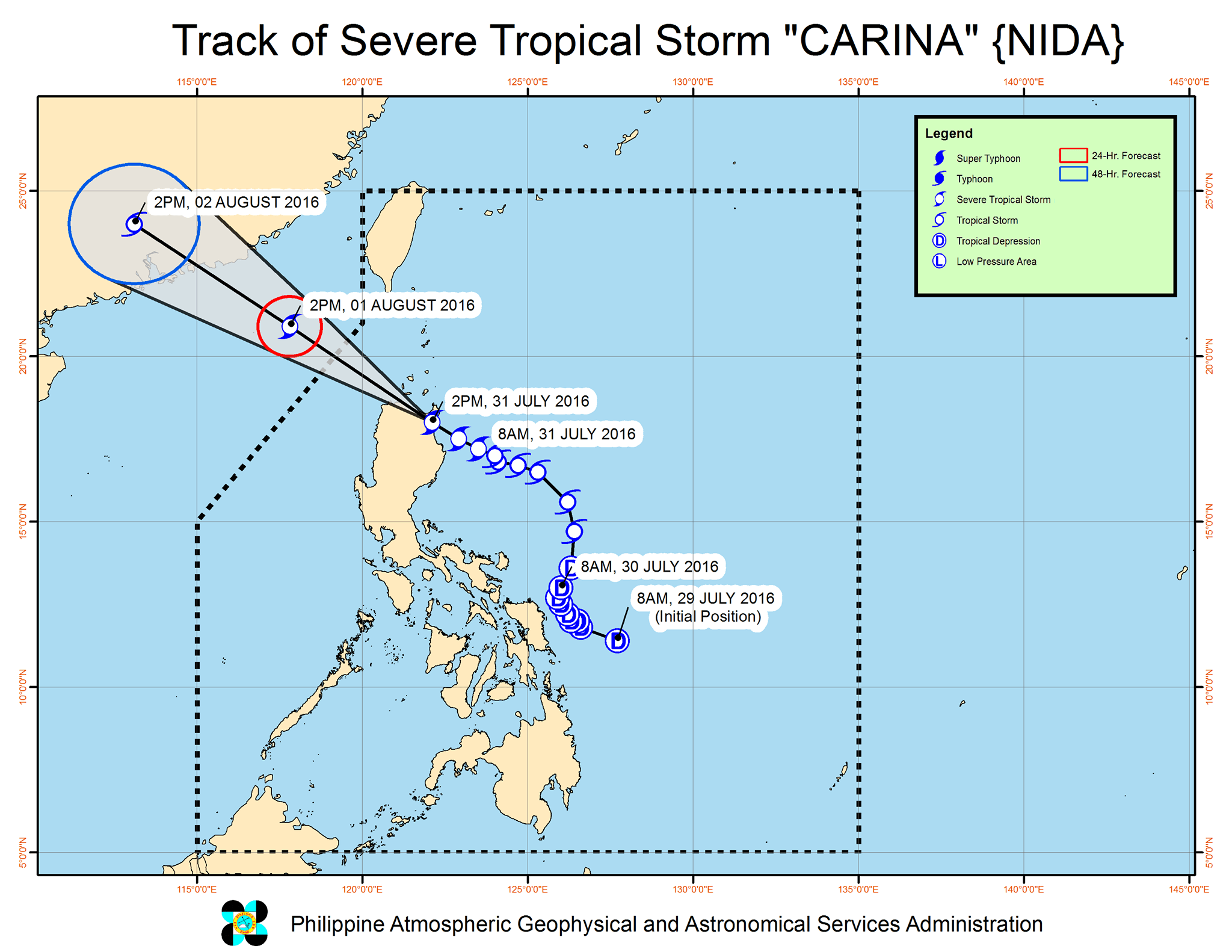 Forecast track of Severe Tropical Storm Carina as of July 31, 5 pm. Image courtesy of PAGASA 
