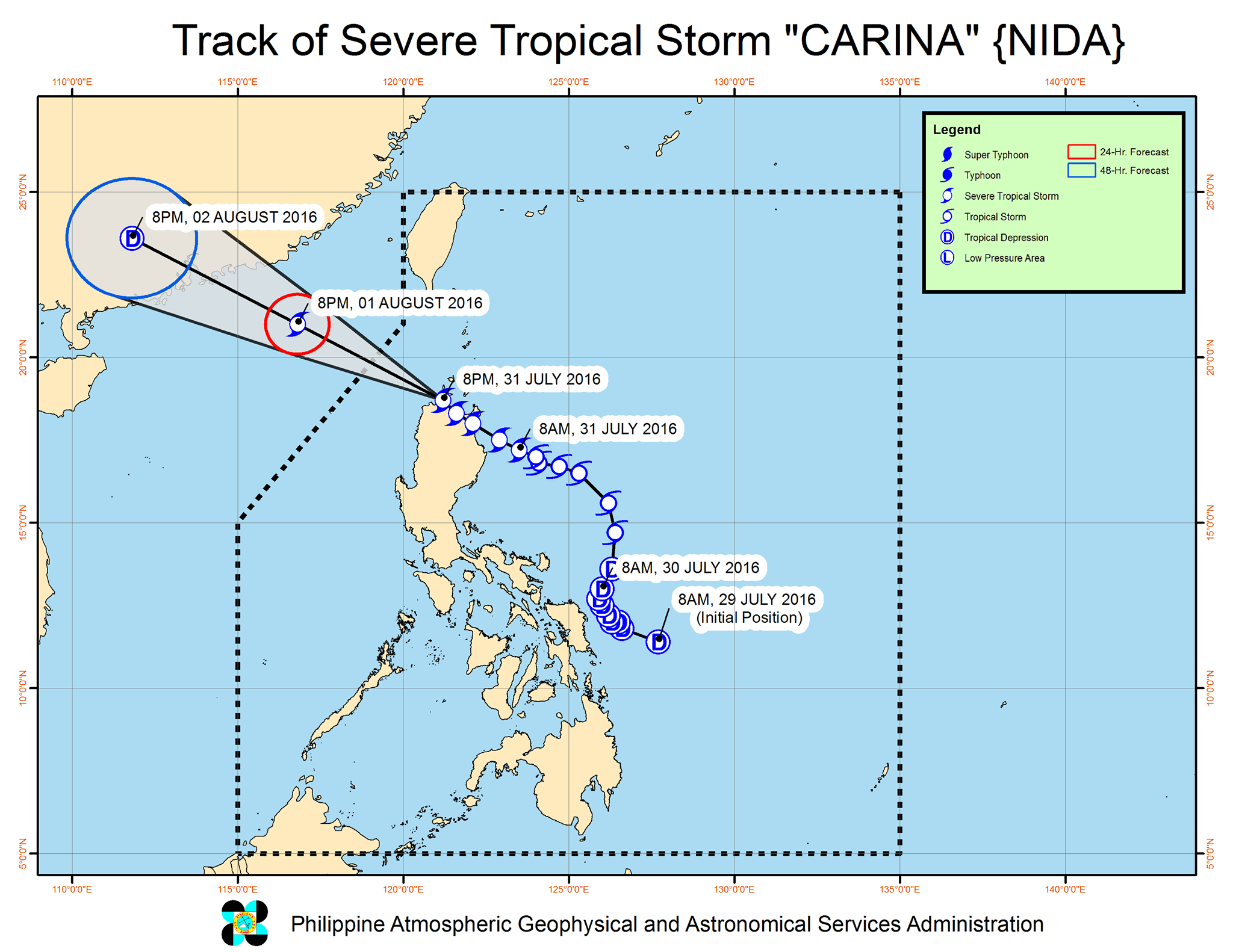 Forecast track of Severe Tropical Storm Carina as of July 31, 11 pm. Image courtesy of PAGASA 
