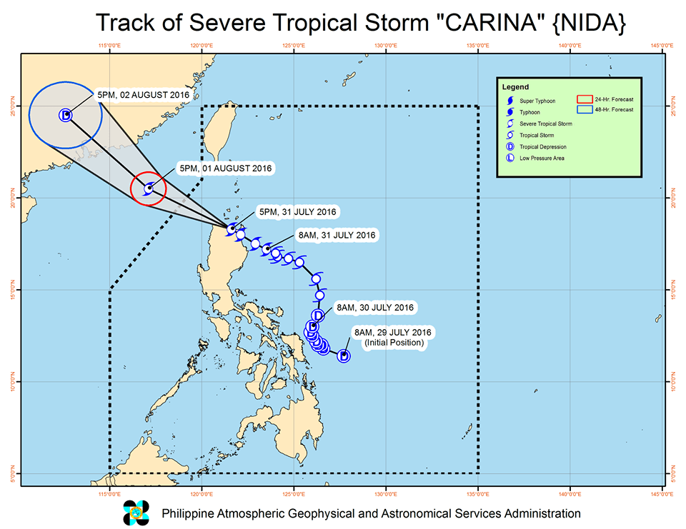 Forecast track of Severe Tropical Storm Carina as of July 31, 8 pm. Image courtesy of PAGASA 