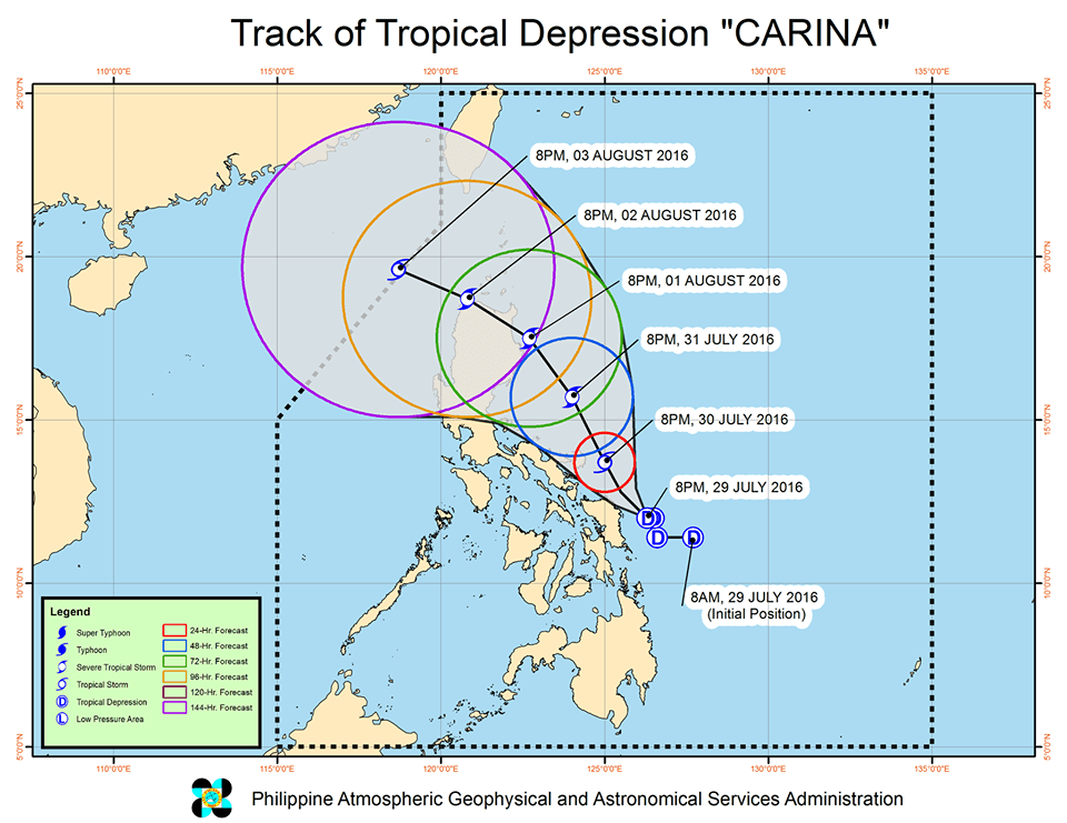 Forecast track of Tropical Depression Carina as of July 29, 11 pm. Image courtesy of PAGASA  