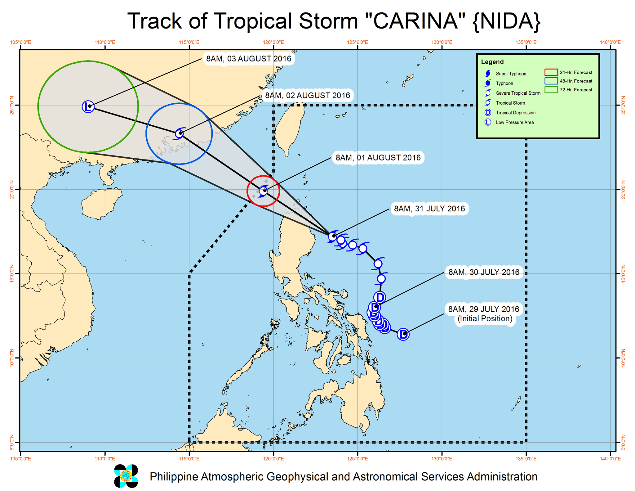 Forecast track of Severe Tropical Storm Carina as of July 31, 11 am. Image courtesy of PAGASA   