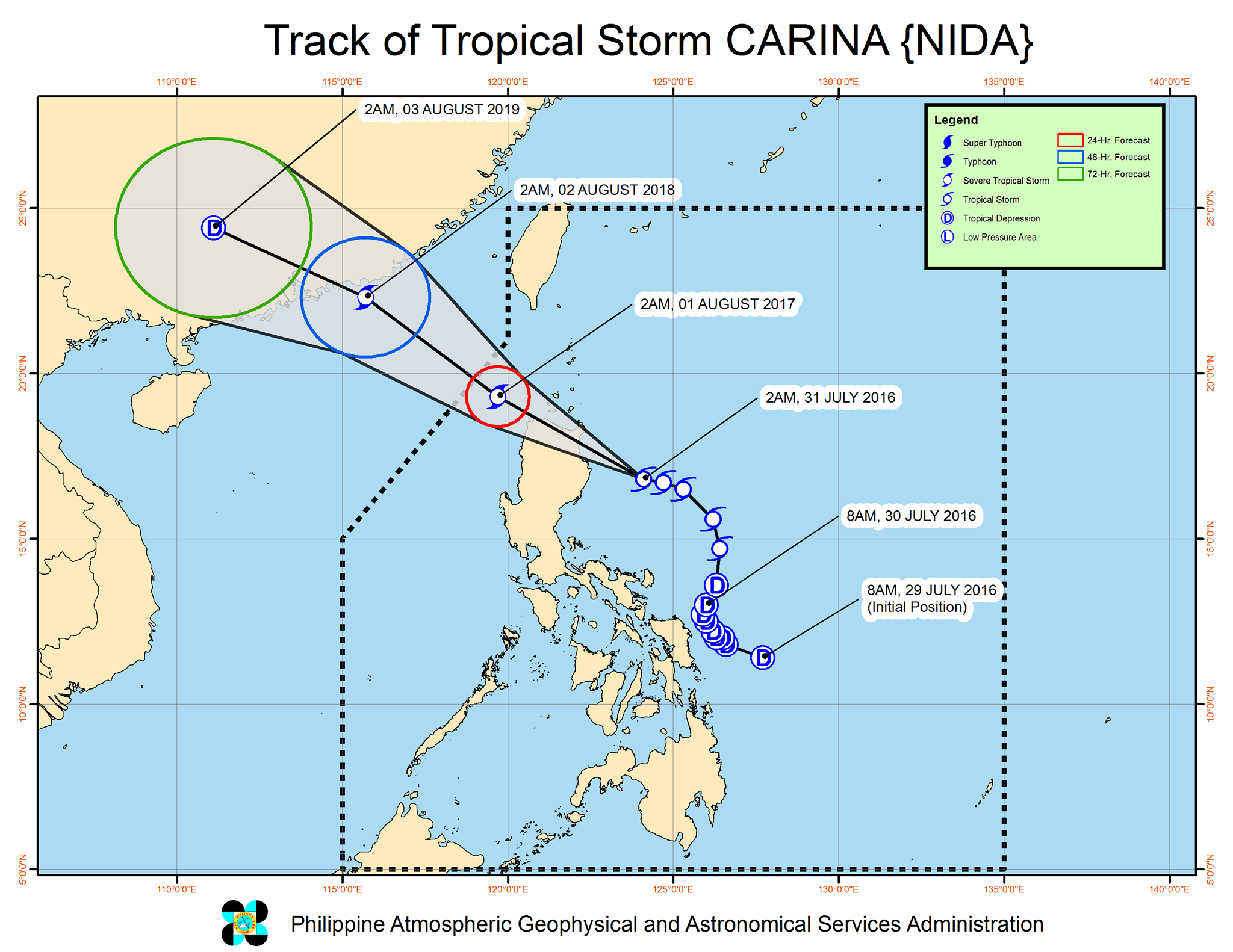 Forecast track of Tropical Storm Carina as of July 31, 5 am. Image courtesy of PAGASA 