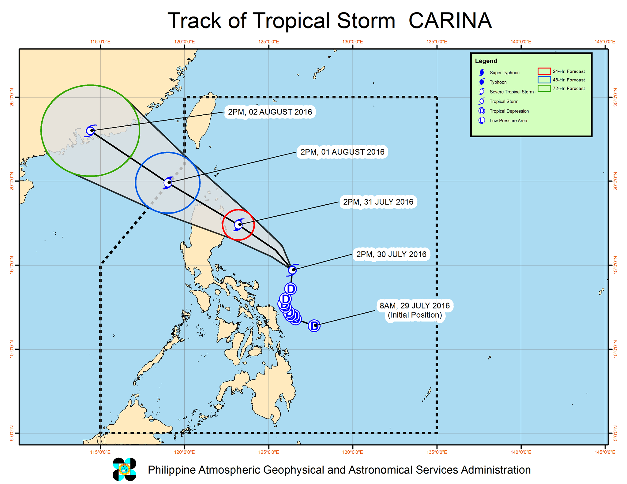 Forecast track of Tropical Storm Carina as of July 30, 5 pm. Image courtesy of PAGASA   