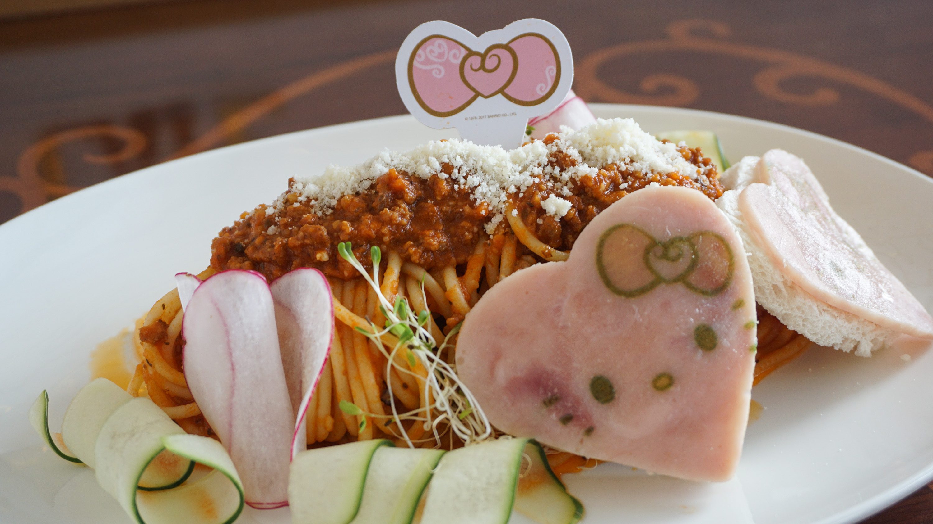 SPAGHETTI BOLOGNESE. The classic pasta dish is served with a side of Sanrio by way of Kitty-printed ham. Photo by Vernise Tantuco/ Rappler 