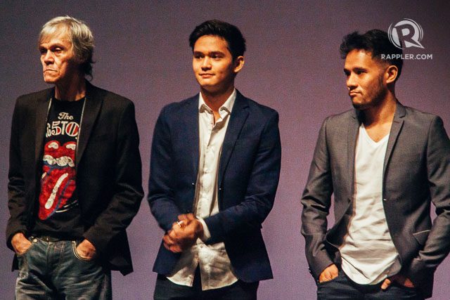 LION OF THE FUTURE. Pepe Diokno (rightmost) and his two lead actors (L-R), Pepe Smith and Ruru Madrid introduce themselves before the Cinemalaya audience. Photo by Paolo Abad/Rappler 