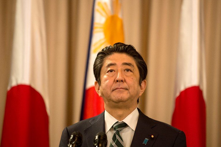 FOREIGN RELATIONS. Japanese Prime Minister Shinzo Abe looks on during a joint press statement with Philippine President Rodrigo Duterte at the Malacañang Palace in Manila on January 12, 2017. File photo by Noel Celis/AFP 