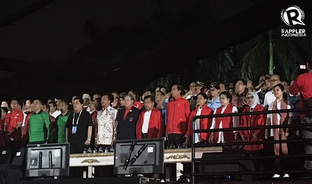 Presiden Joko Widodo, wakil presiden Jusuf Kalla, Iriana Joko Widodo, serta Megawati Soekarnoputri hadir dalam upacara pembukaan Countdown To Asian Games 2018. Foto oleh Tiara A. Tobing/Rappler 