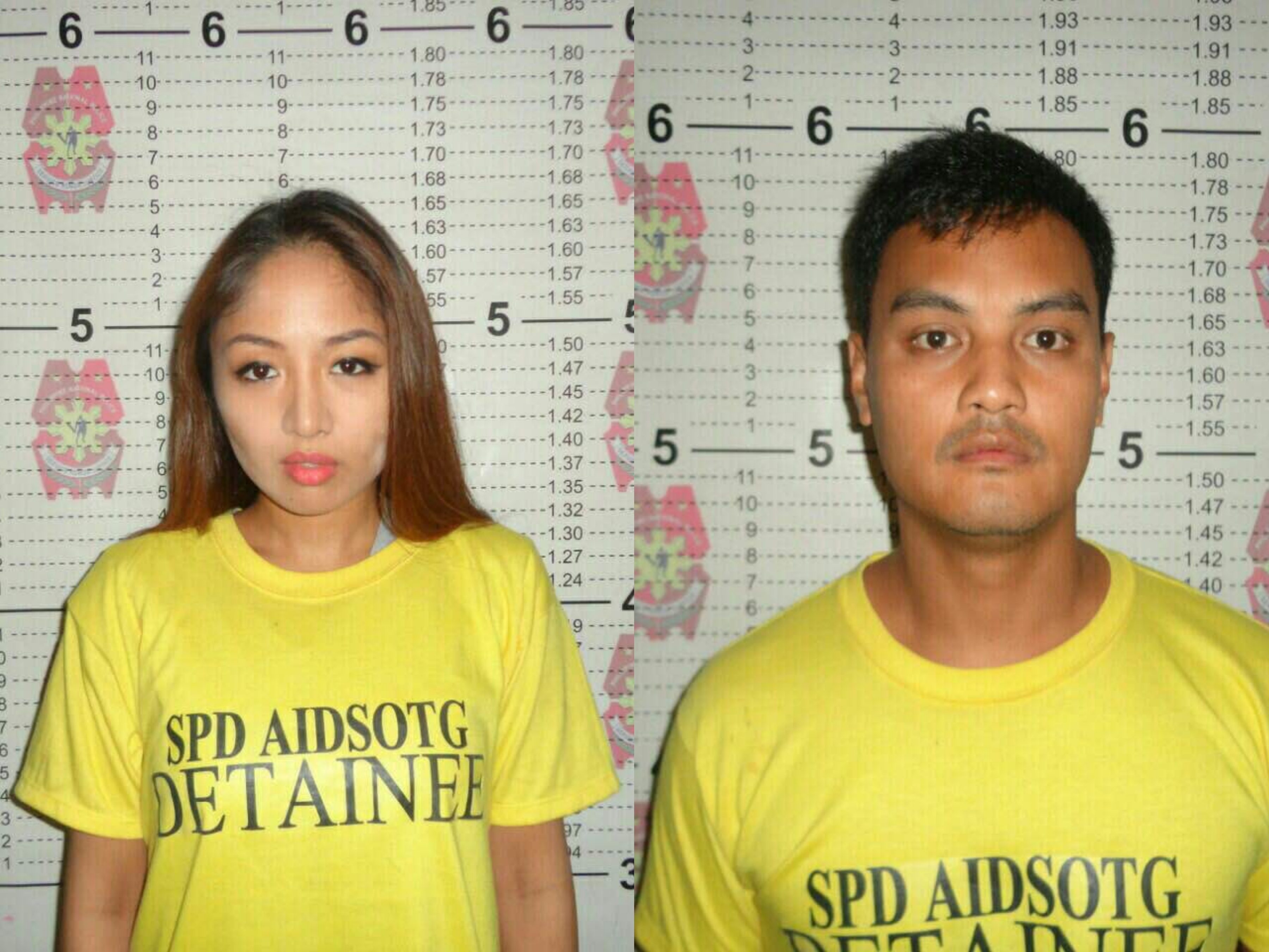 ARREST. Photo shows radio DJ Karen Bordador and boyfriend Emilio Lim after they were arrested on Saturday, August 13 in a drug buy bust operation. Photos from PNP-PIO    