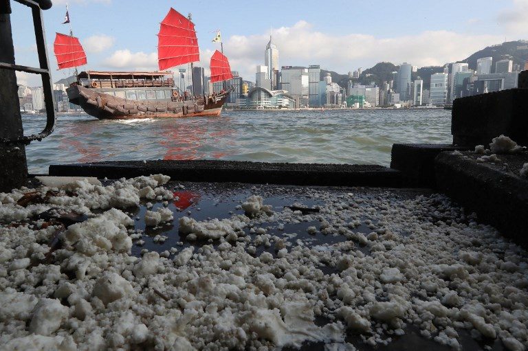 OIL SPILL. Congealed palm oil washes up on the shoreline at Victoria Harbor in Hong Kong on August 6, 2017. Photo by South China Morning Post/AFP   