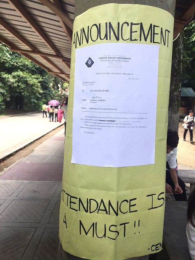 MEMO. An observer sends to Rappler and Malacañang this photo of a memo from the dean of the Cavite State University requiring students to attend the 'event' that coincides with the Vice President's speech. VP Binay spoke about the huge cut that the national government made on CSU's budget.