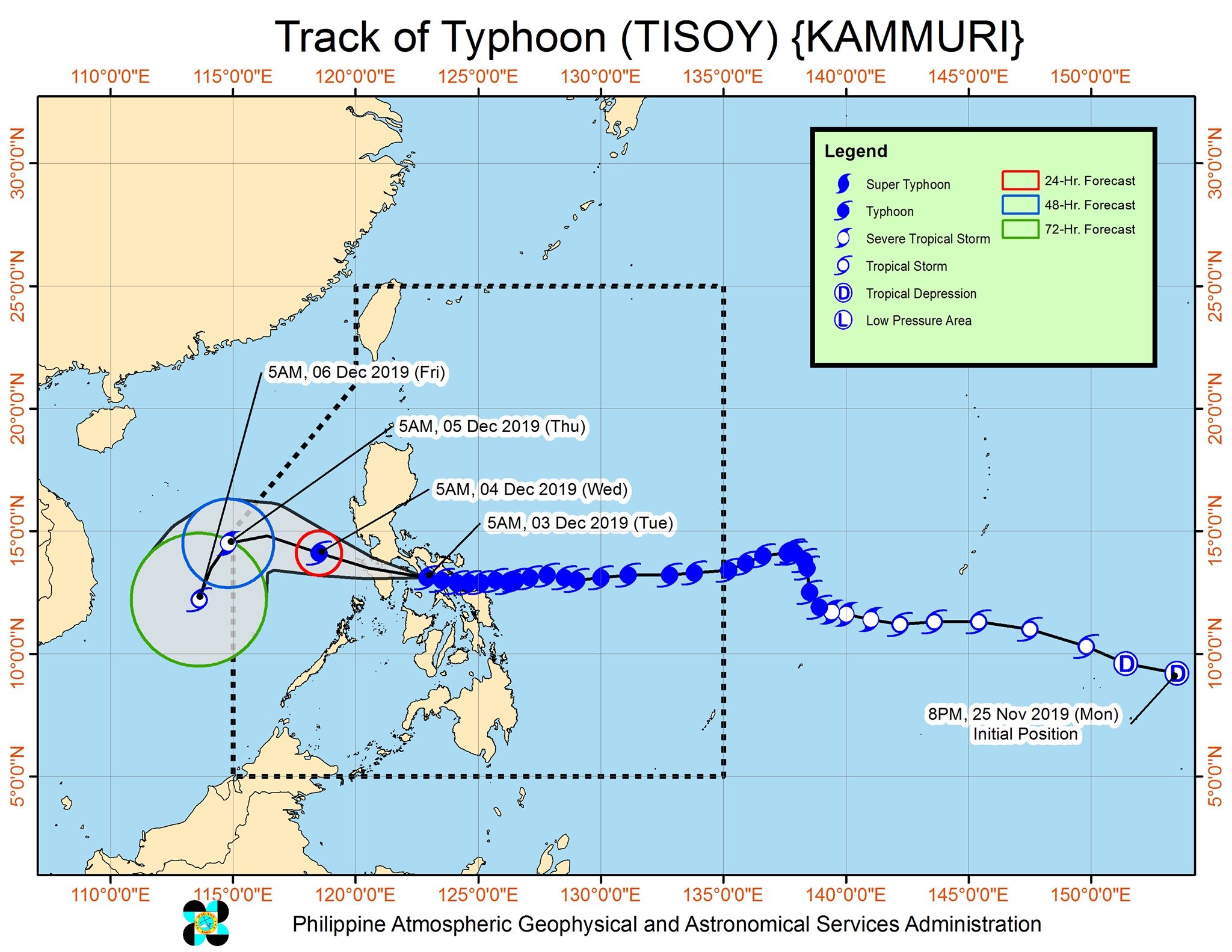 Forecast track of Typhoon Tisoy (Kammuri) as of December 3, 2019, 8 am. Image from PAGASA 