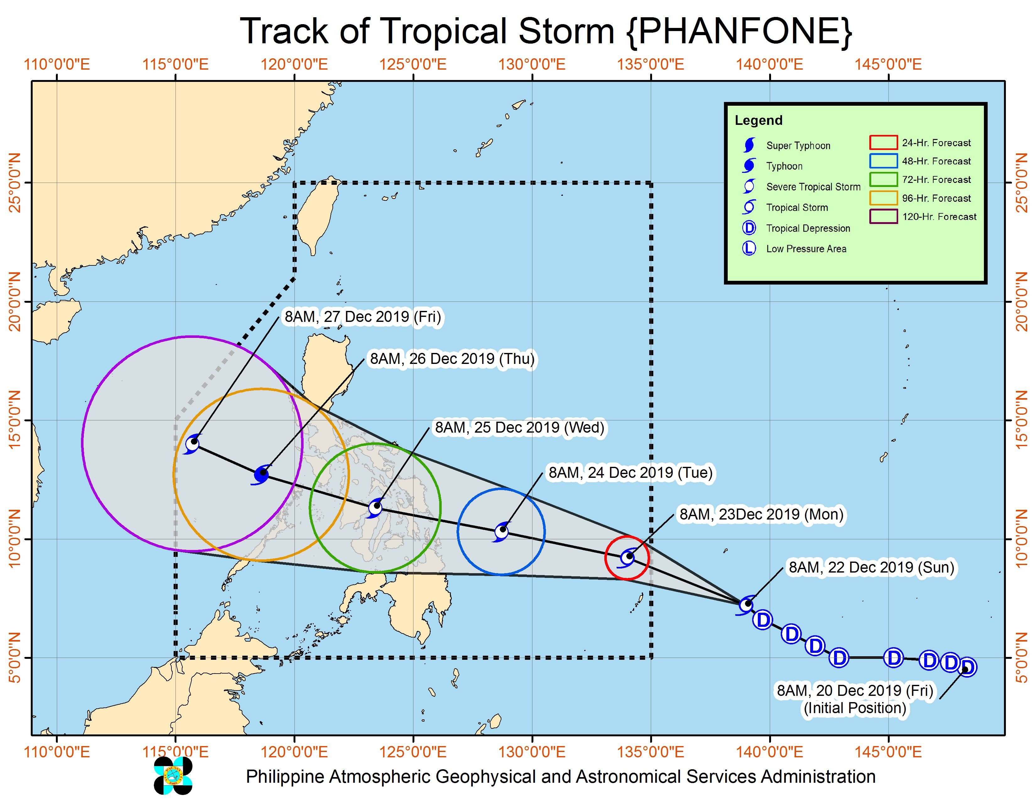 Forecast track of Tropical Storm Phanfone, which is still outside the Philippine Area of Responsibility, as of December 22, 2019, 11 am. Image from PAGASA 