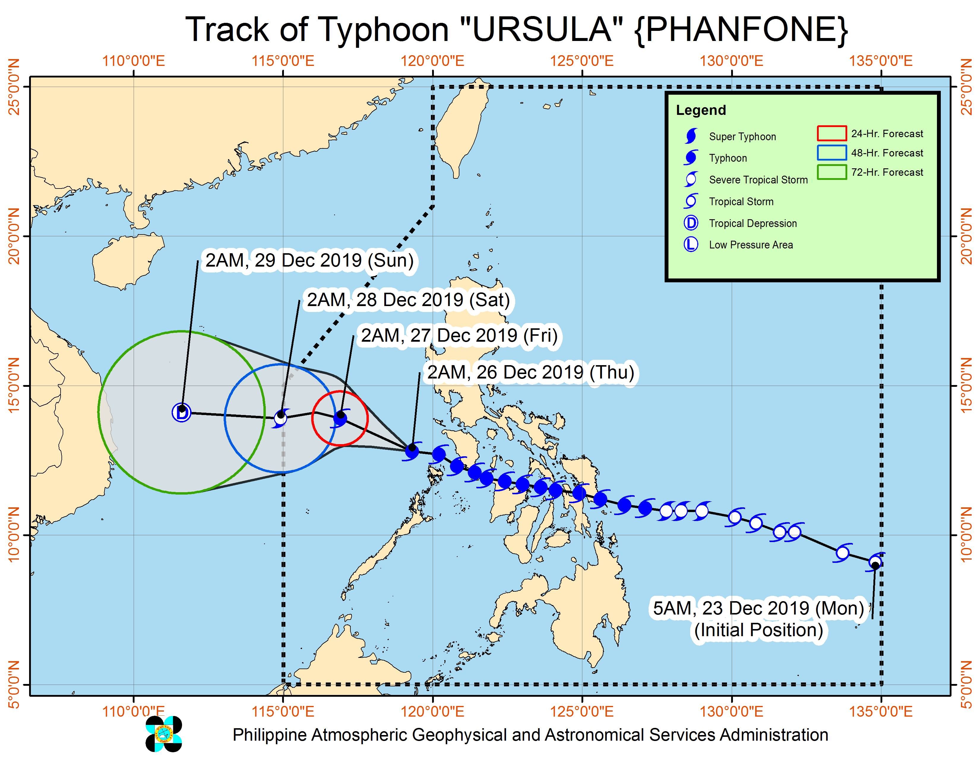Forecast track of Typhoon Ursula (Phanfone) as of December 26, 2019, 5 am. Image from PAGASA 