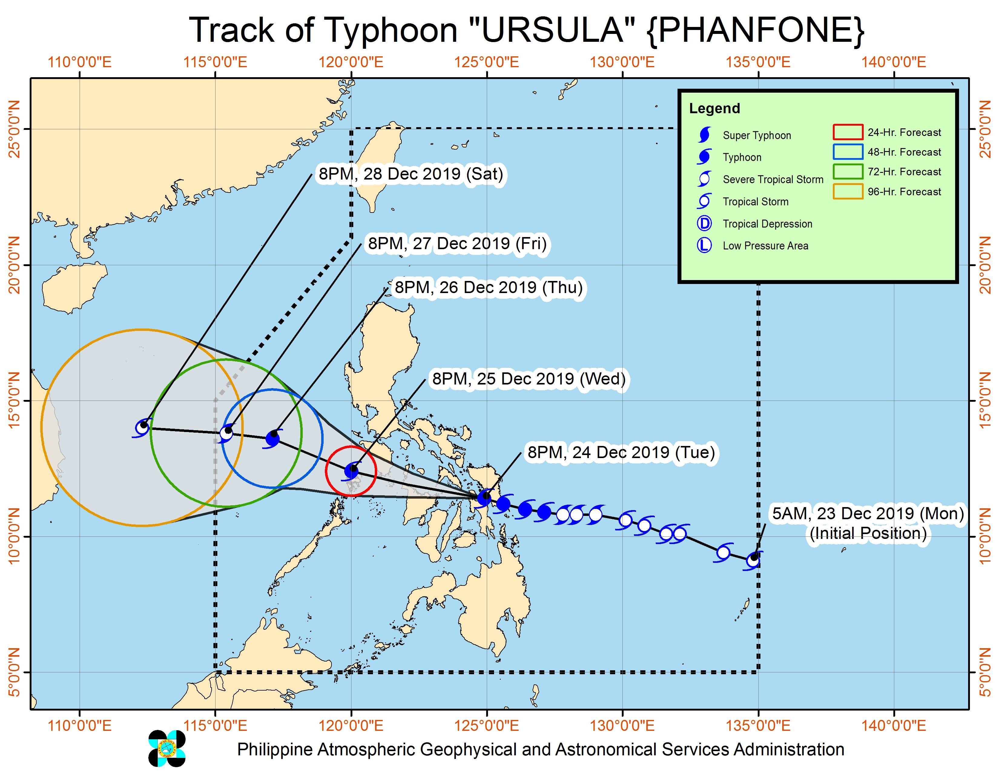 Forecast track of Typhoon Ursula (Phanfone) as of December 24, 2019, 11 pm. Image from PAGASA 