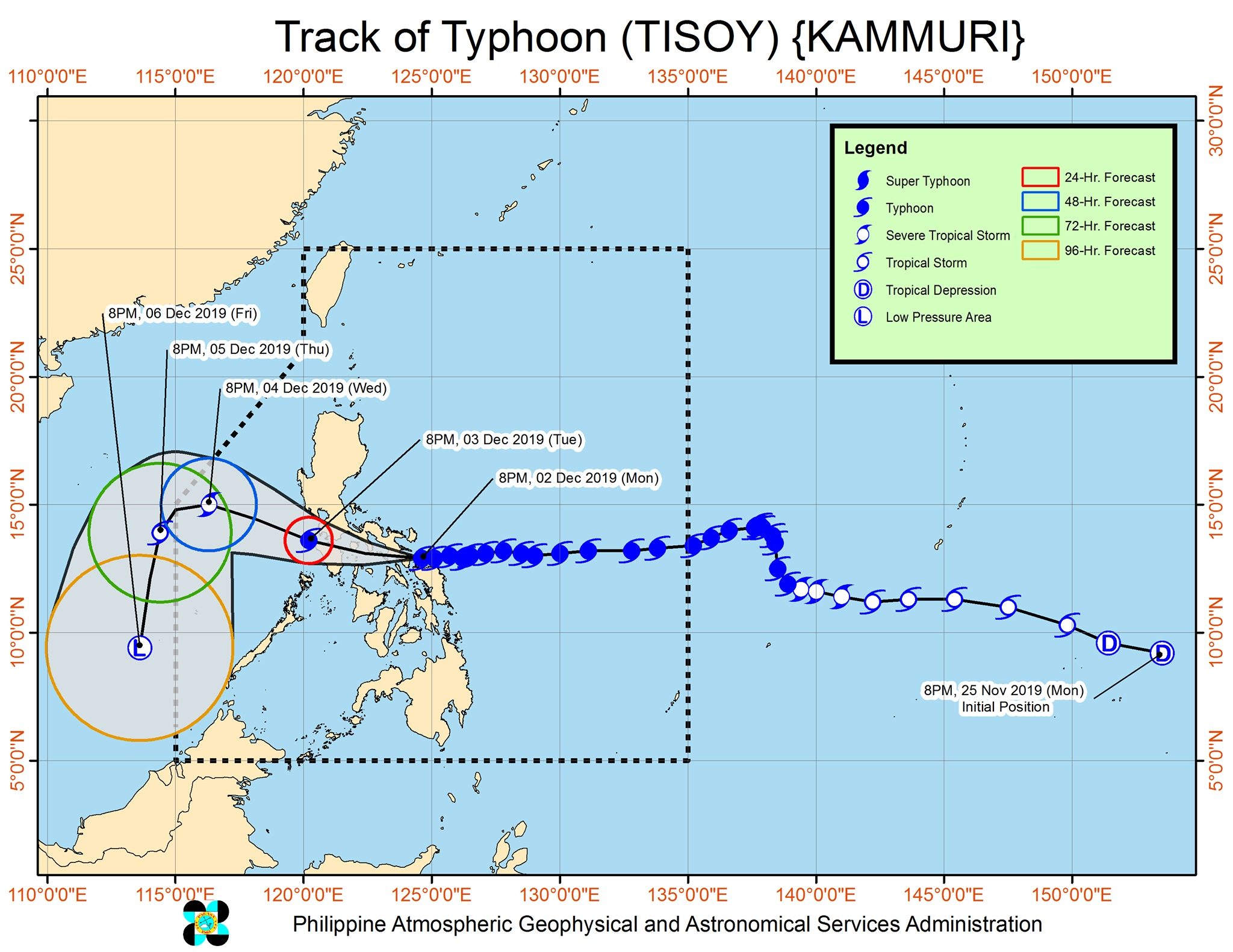 Forecast track of Typhoon Tisoy (Kammuri) as of December 2, 2019, 11 pm. Image from PAGASA 