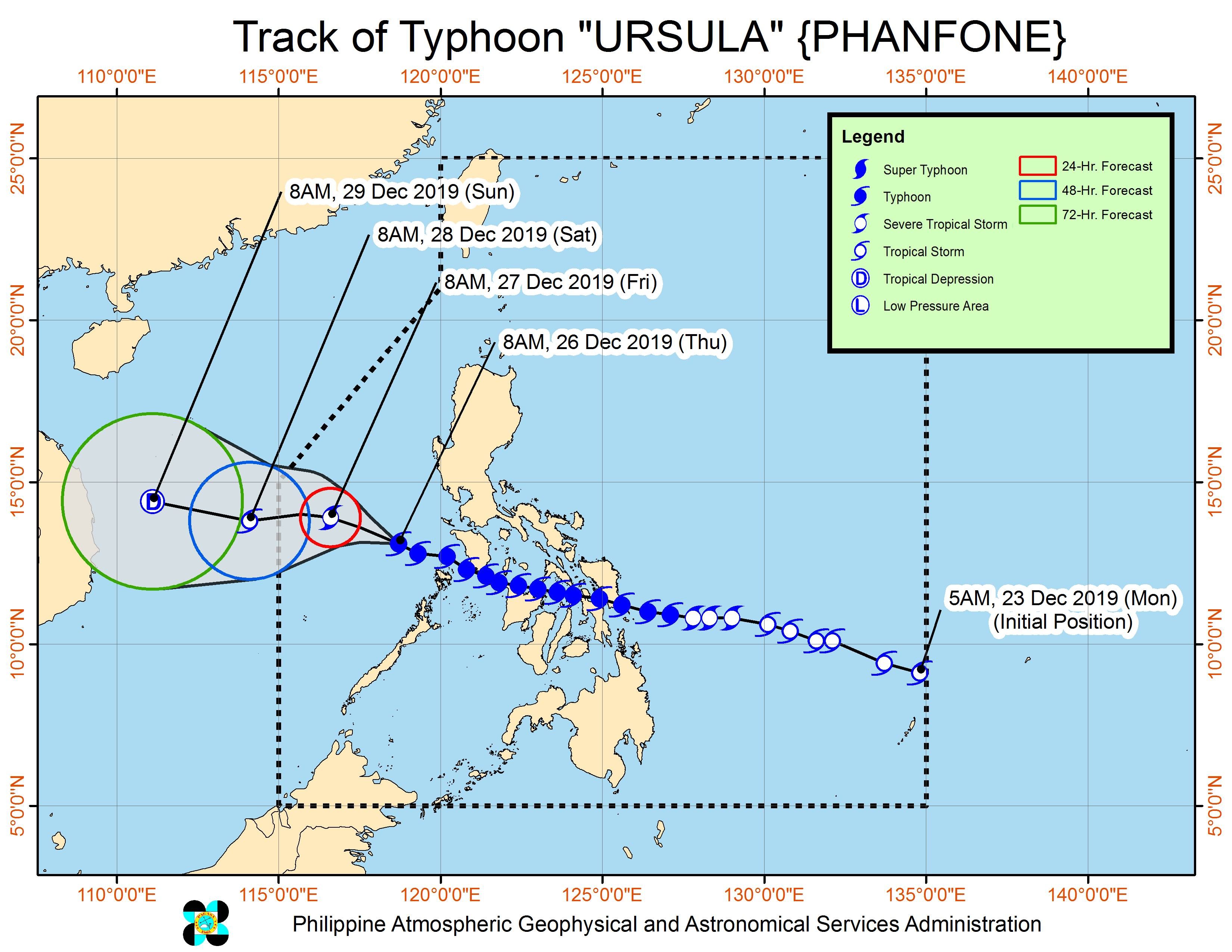 Forecast track of Typhoon Ursula (Phanfone) as of December 26, 2019, 11 am. Image from PAGASA 