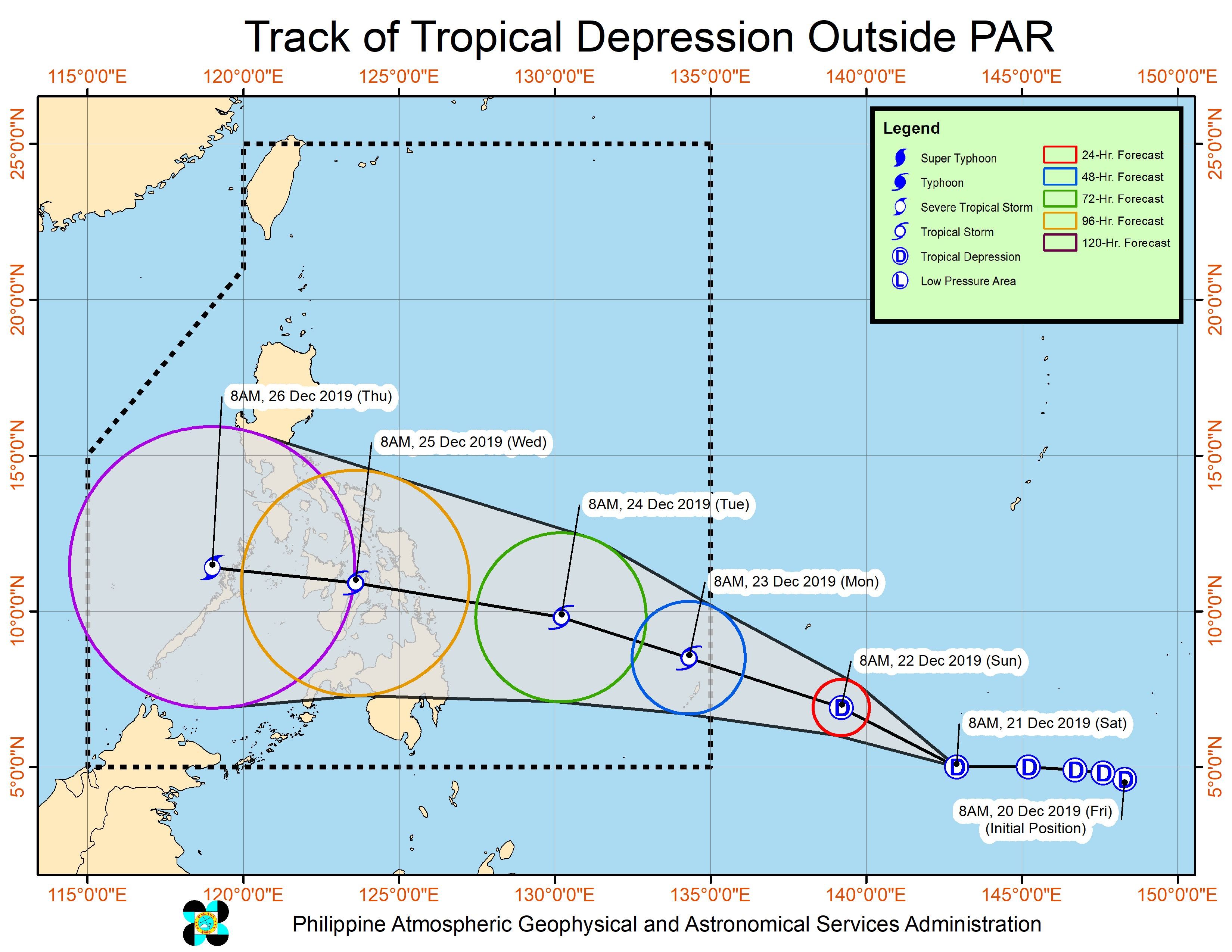 Forecast track of the tropical depression, which is still outside the Philippine Area of Responsibility, as of December 21, 2019, 11 am. Image from PAGASA 