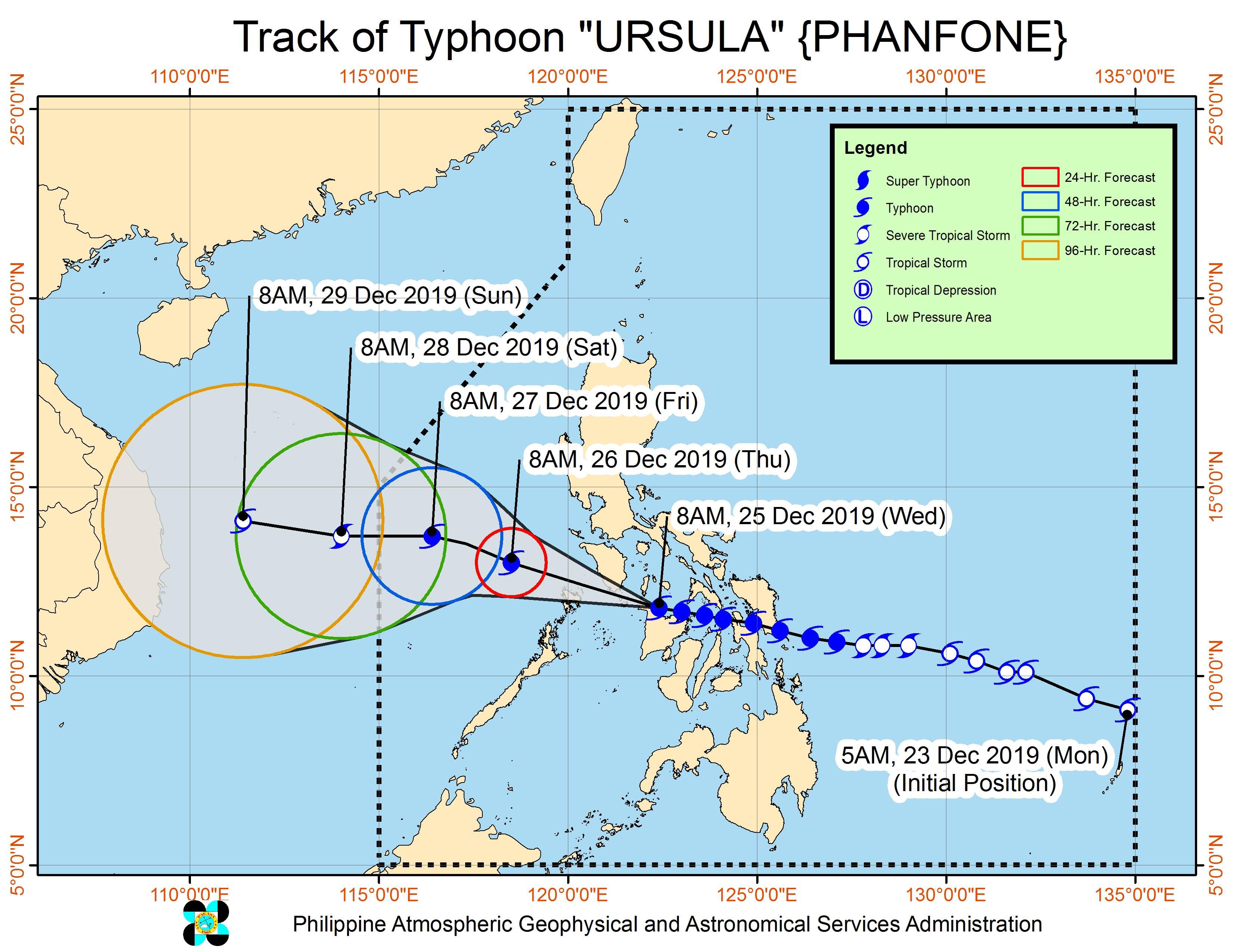 Forecast track of Typhoon Ursula (Phanfone) as of December 25, 2019, 11 am. Image from PAGASA 