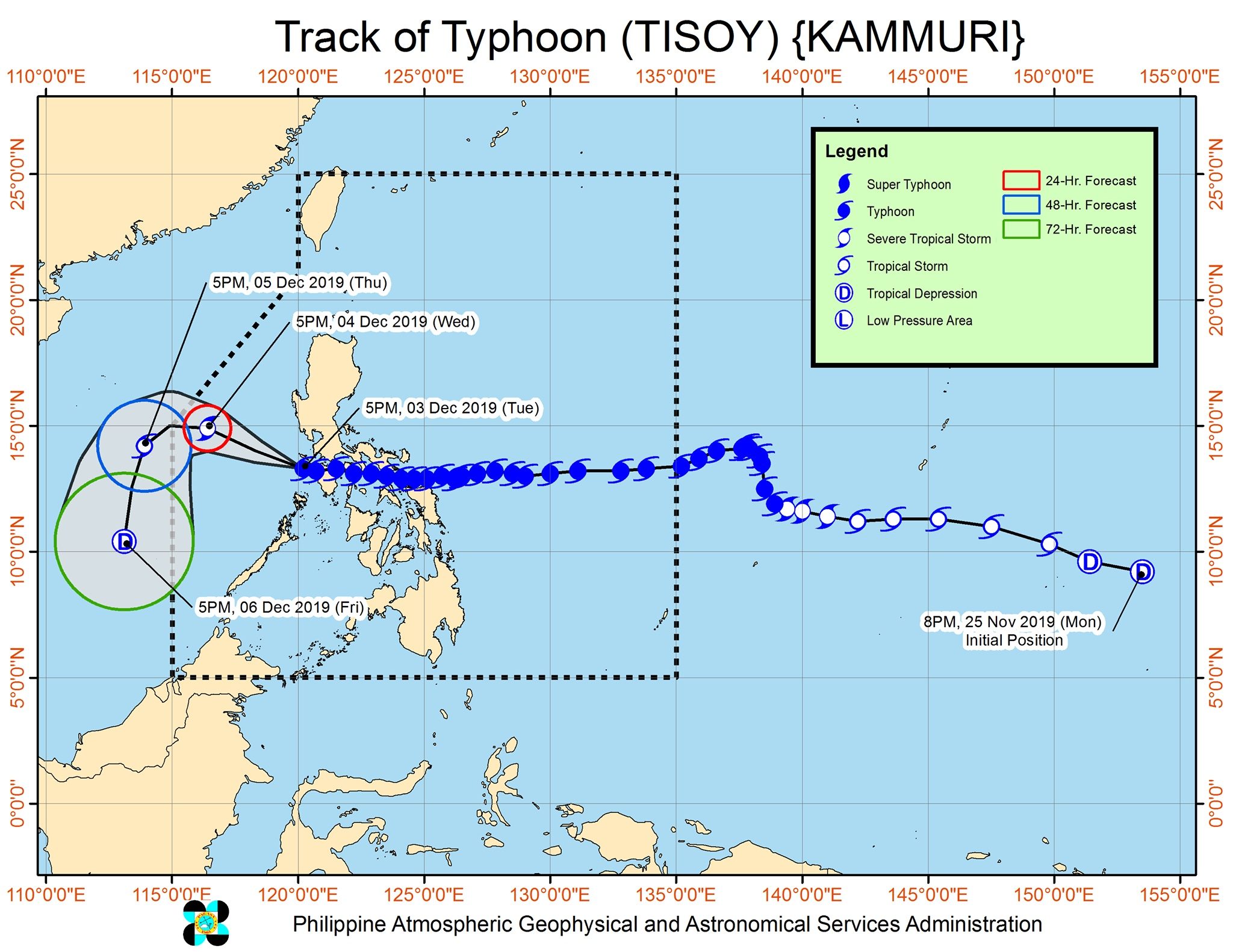 Forecast track of Typhoon Tisoy (Kammuri) as of December 3, 2019, 8 pm. Image from PAGASA 