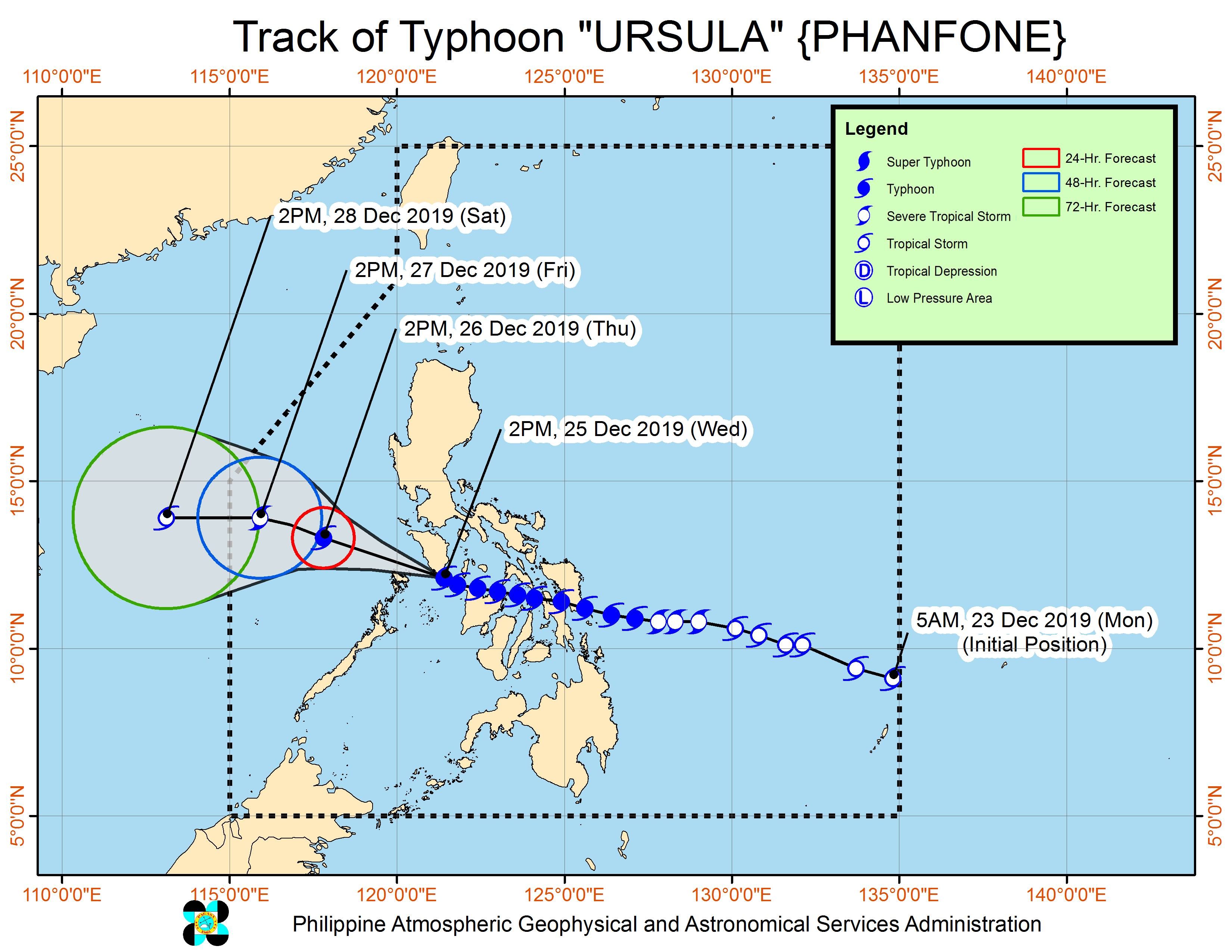 Forecast track of Typhoon Ursula (Phanfone) as of December 25, 2019, 5 pm. Image from PAGASA 
