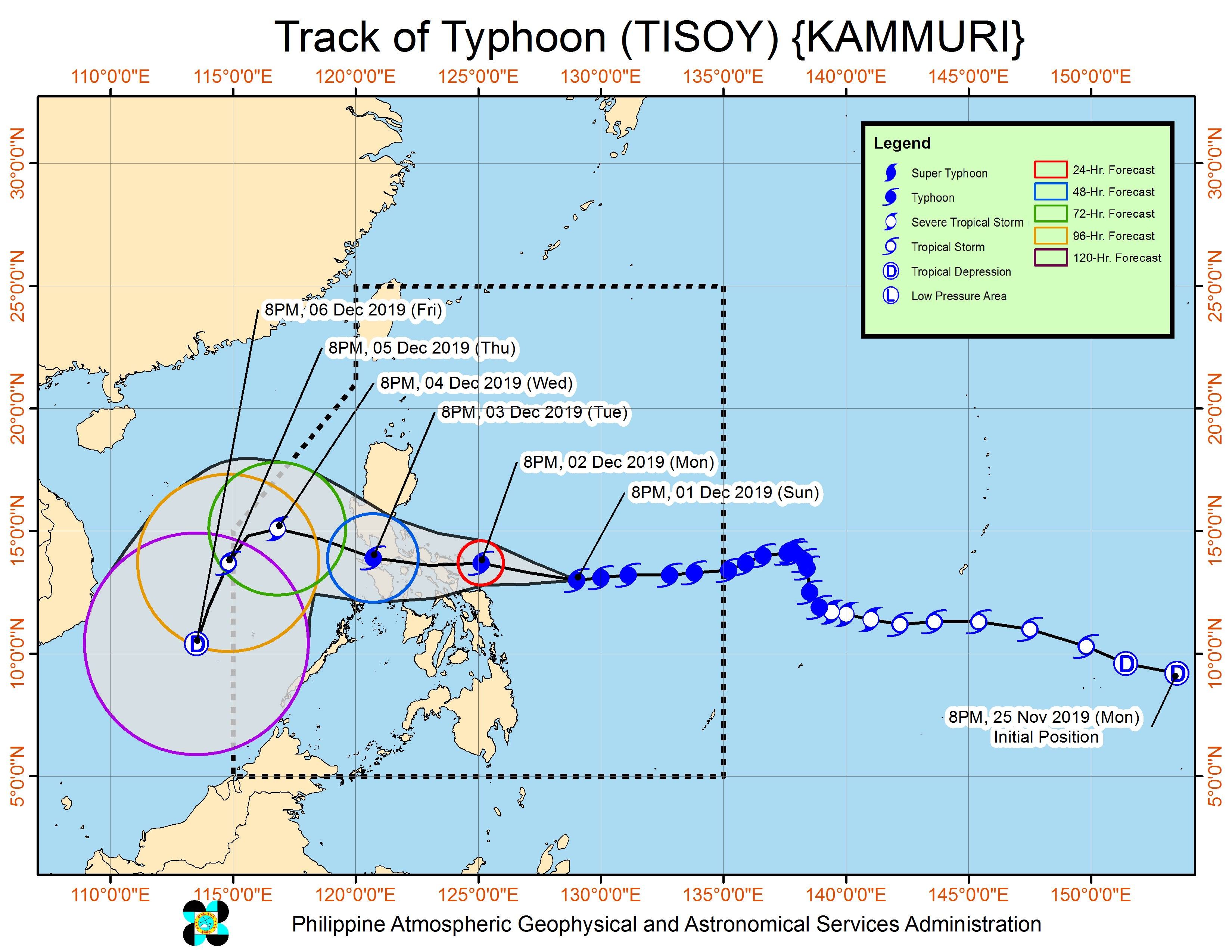 Forecast track of Typhoon Tisoy (Kammuri) as of December 1, 2019, 11 pm. Image from PAGASA 