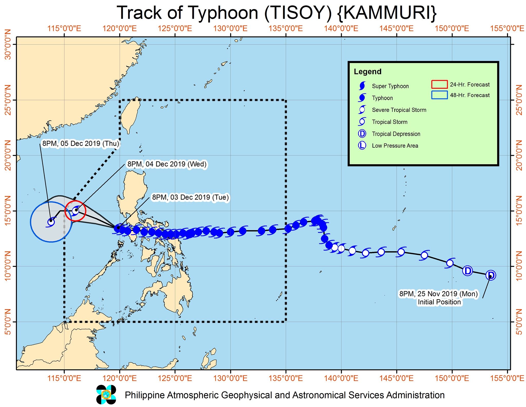 Forecast track of Typhoon Tisoy (Kammuri) as of December 3, 2019, 11 pm. Image from PAGASA 