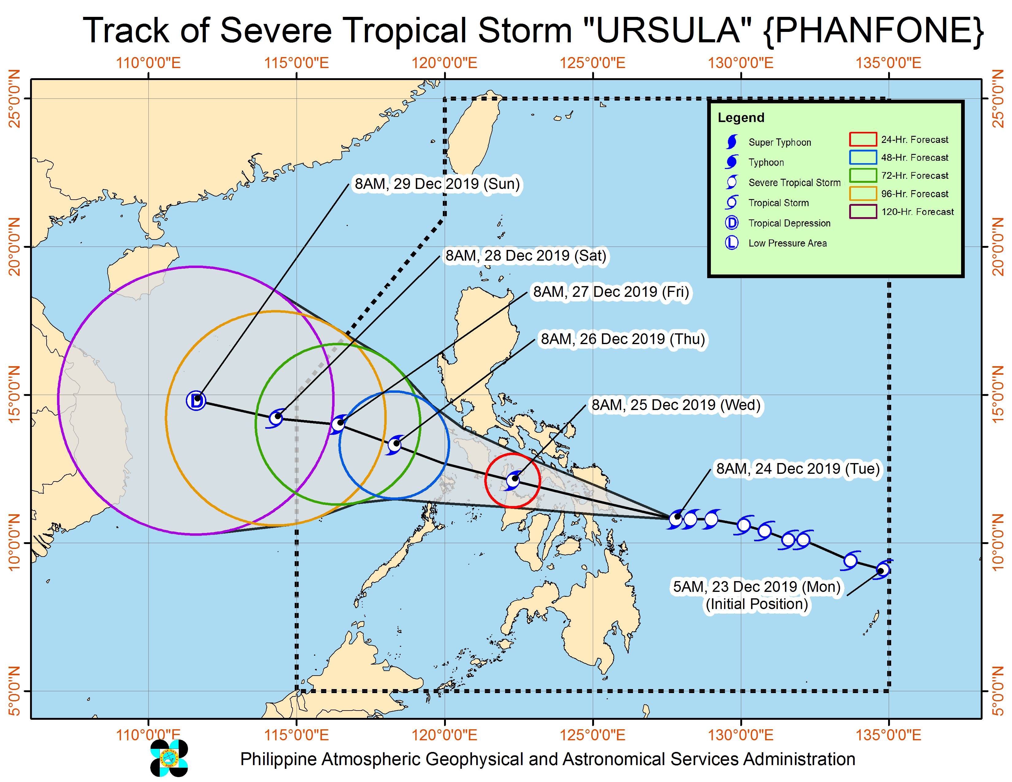 Forecast track of Severe Tropical Storm Ursula (Phanfone) as of December 24, 2019, 11 am. Image from PAGASA 