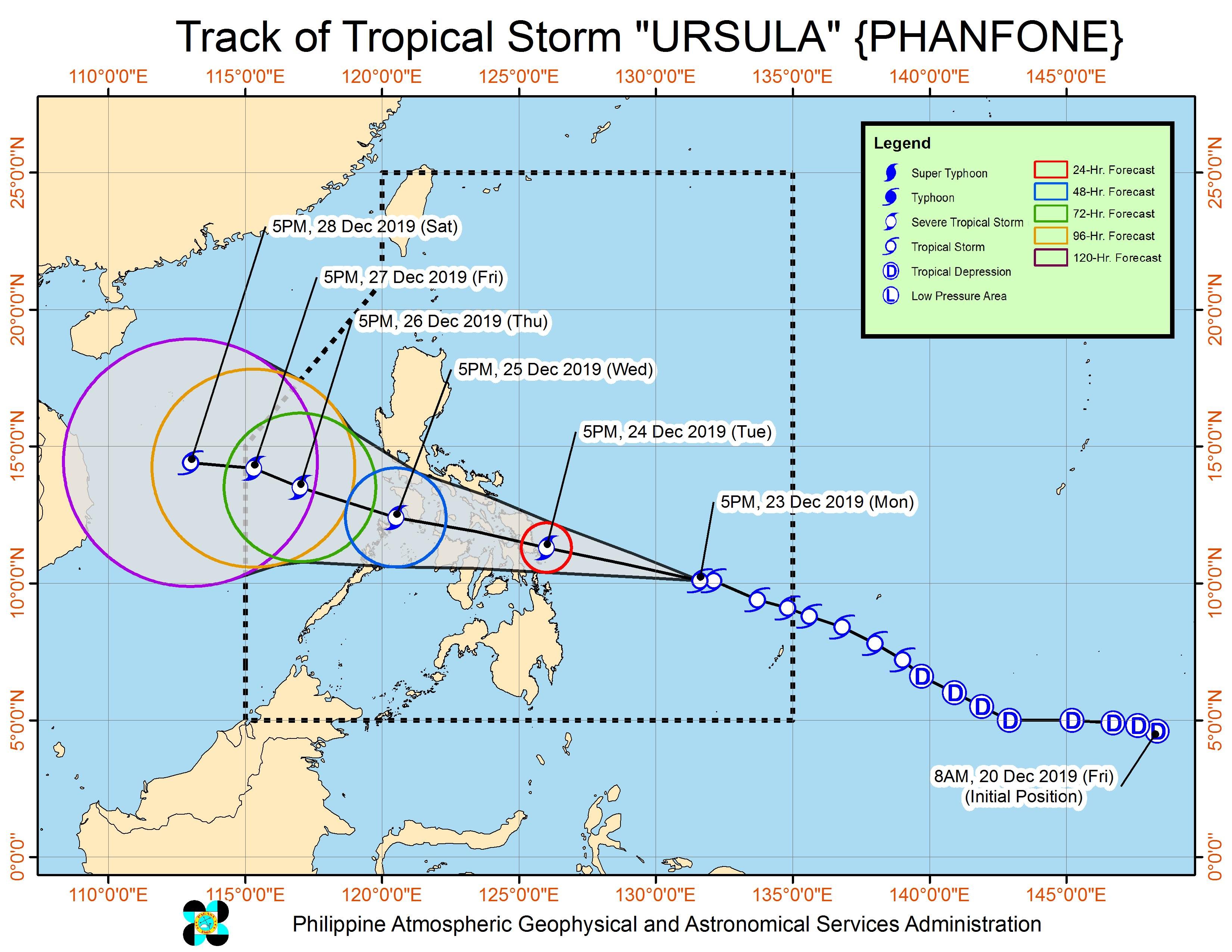 Forecast track of Tropical Storm Ursula (Phanfone) as of December 23, 2019, 8 pm. Image from PAGASA 
