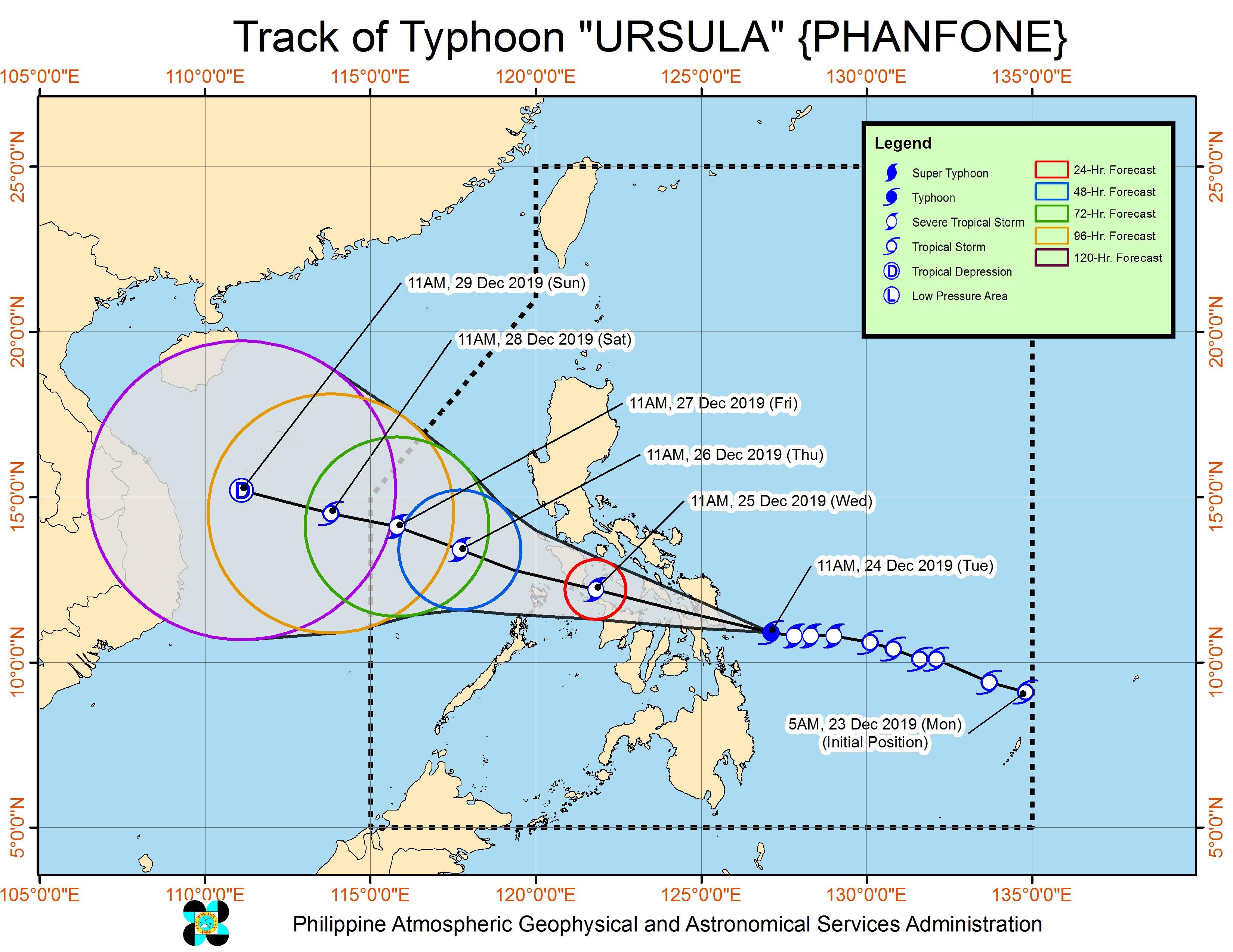 Forecast track of Typhoon Ursula (Phanfone) as of December 24, 2019, 2 pm. Image from PAGASA 