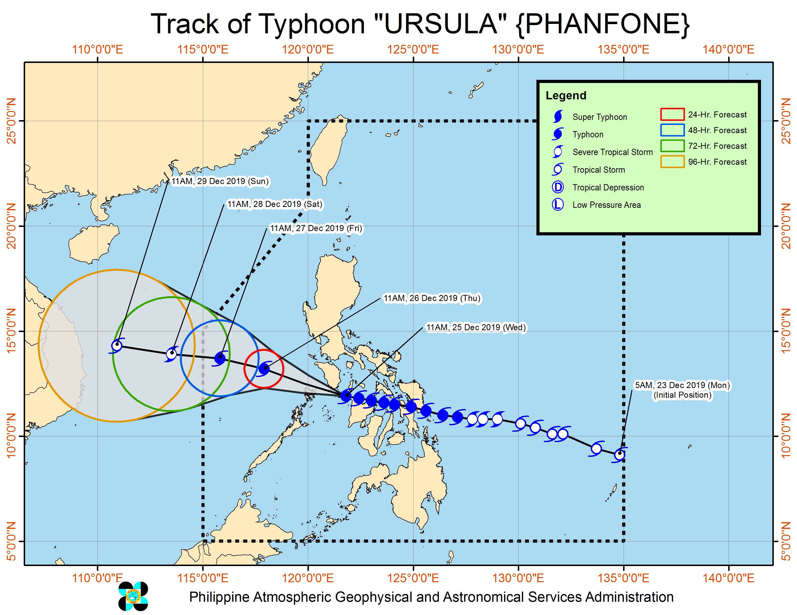 Forecast track of Typhoon Ursula (Phanfone) as of December 25, 2019, 2 pm. Image from PAGASA 