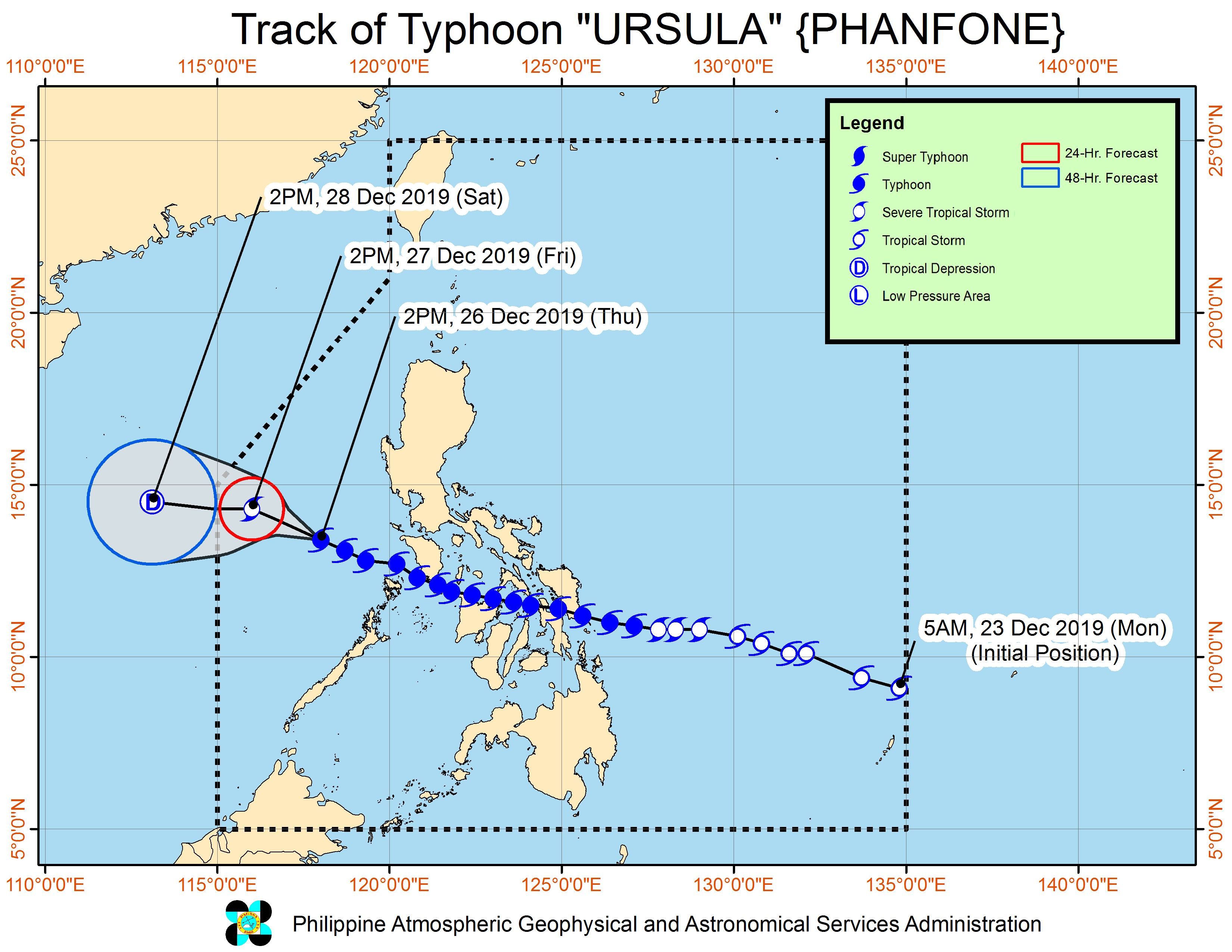 Forecast track of Typhoon Ursula (Phanfone) as of December 26, 2019, 5 pm. Image from PAGASA 