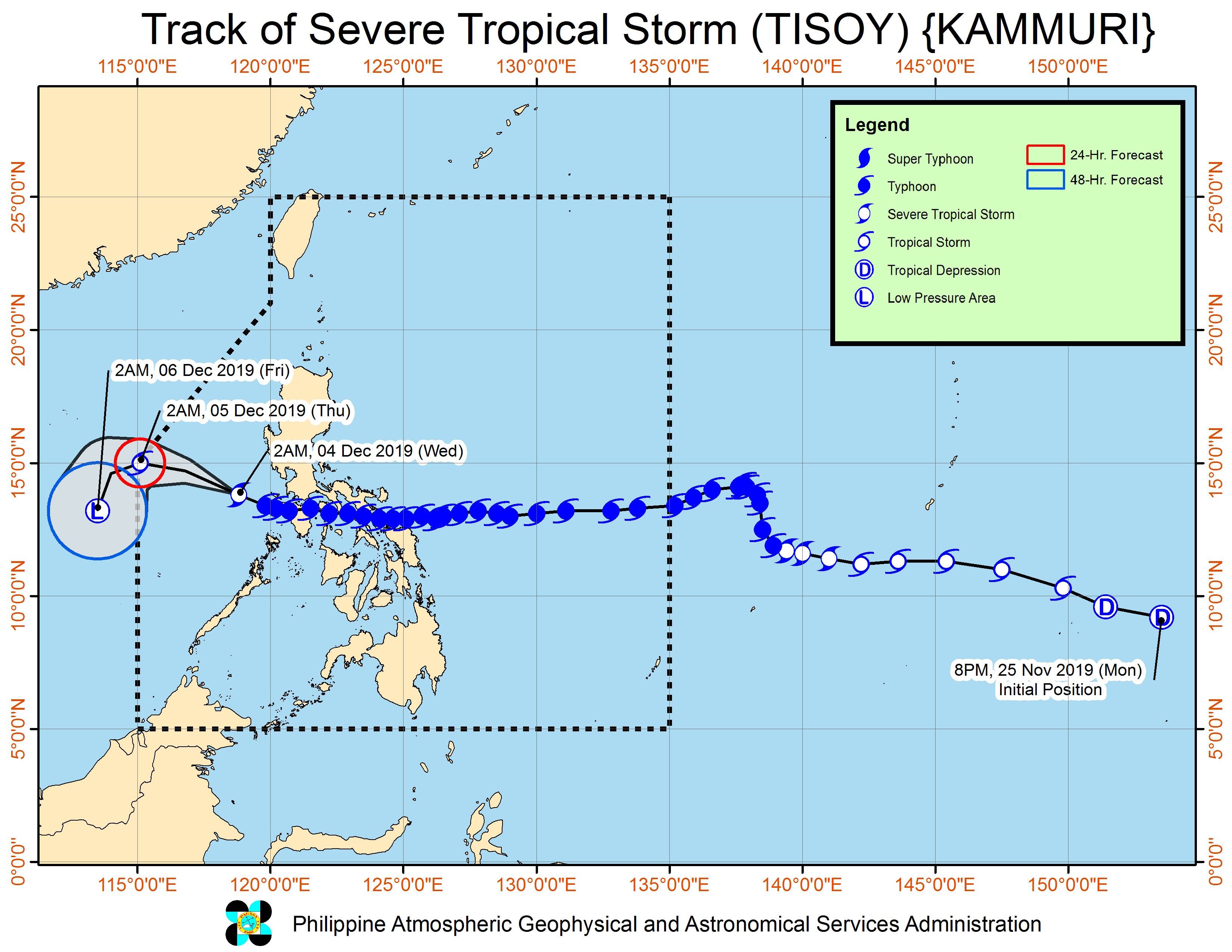 Forecast track of Severe Tropical Storm Tisoy (Kammuri) as of December 4, 2019, 5 am. Image from PAGASA 