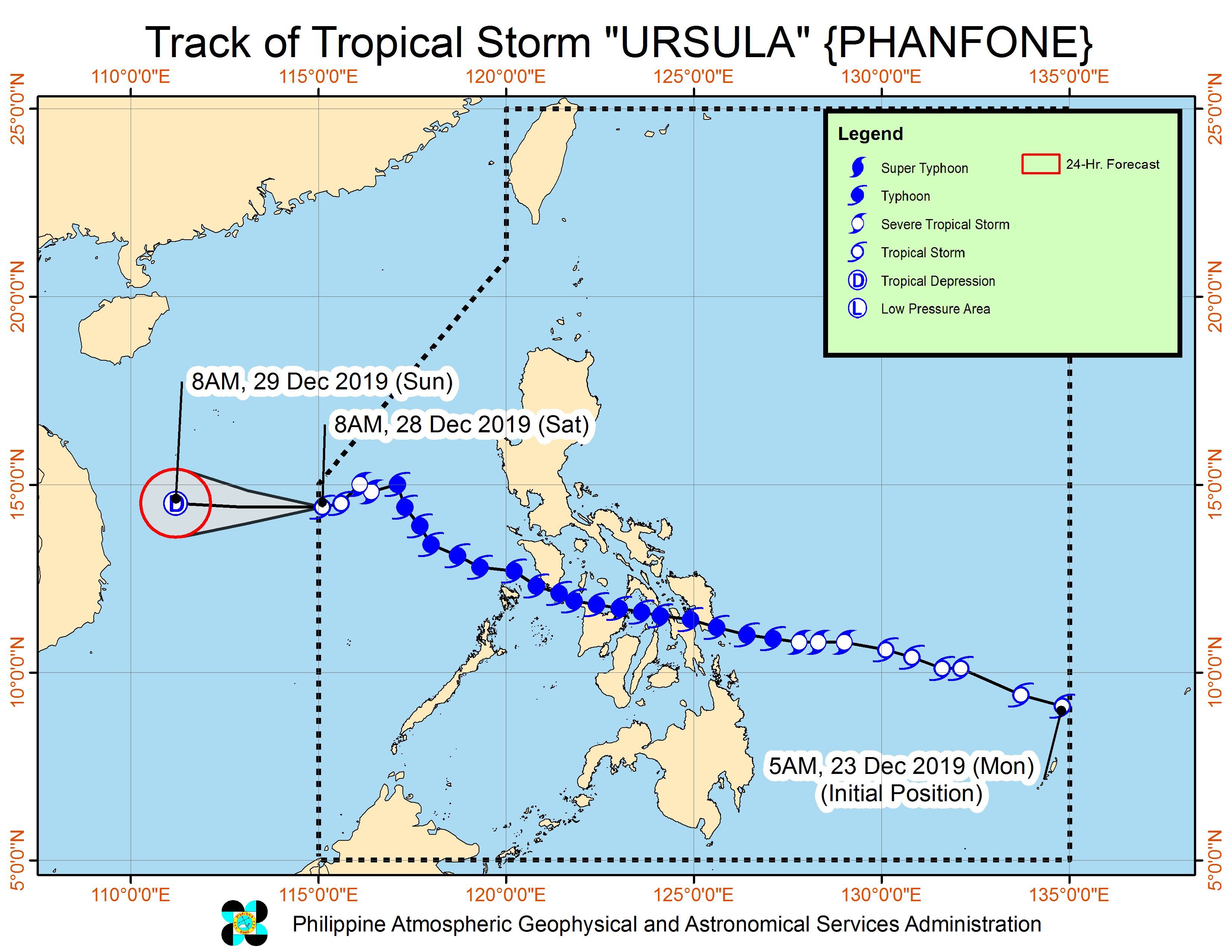 Forecast track of Tropical Storm Ursula (Phanfone), formerly a typhoon, as of December 28, 2019, 11 am. Image from PAGASA 