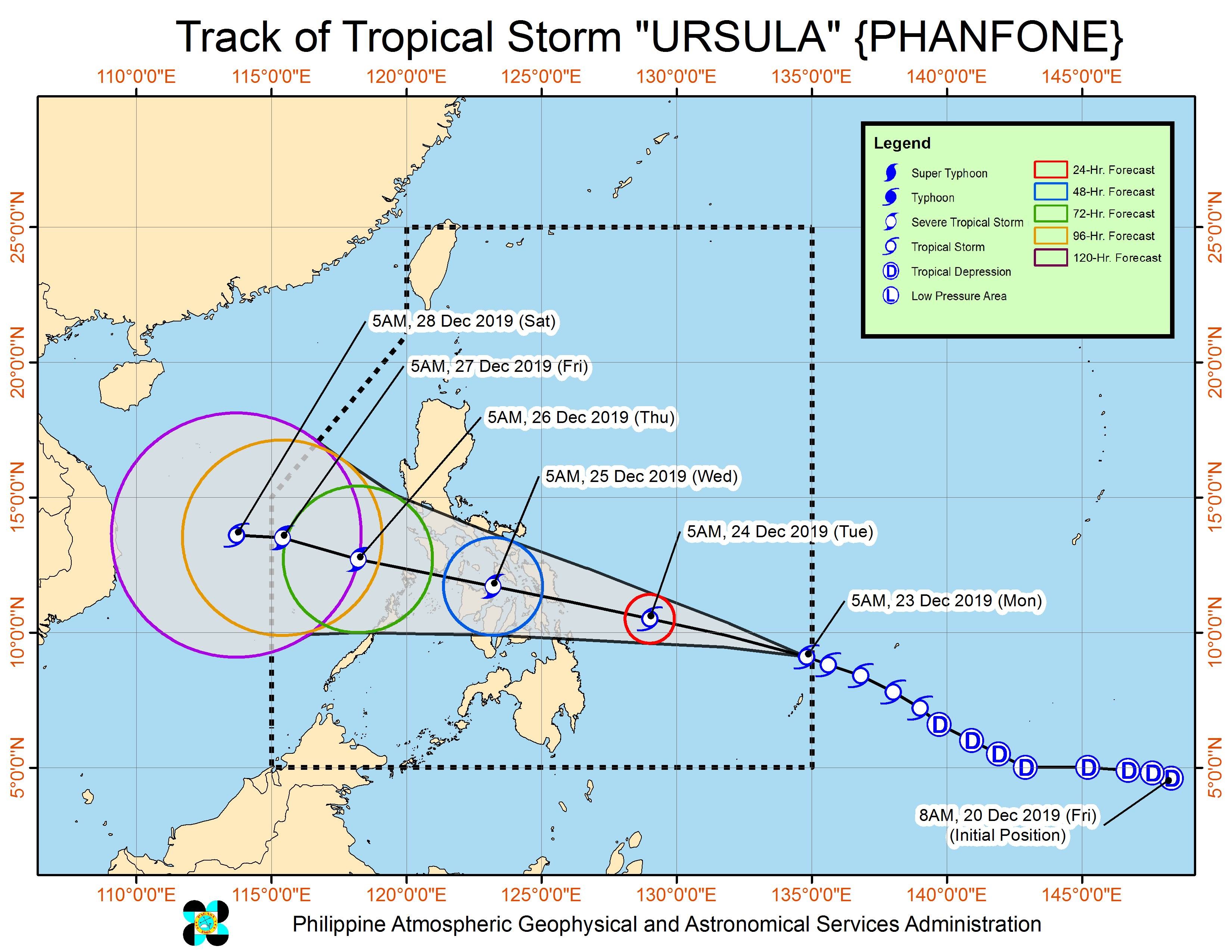Forecast track of Tropical Storm Ursula (Phanfone) as of December 23, 2019, 8 am. Image from PAGASA 