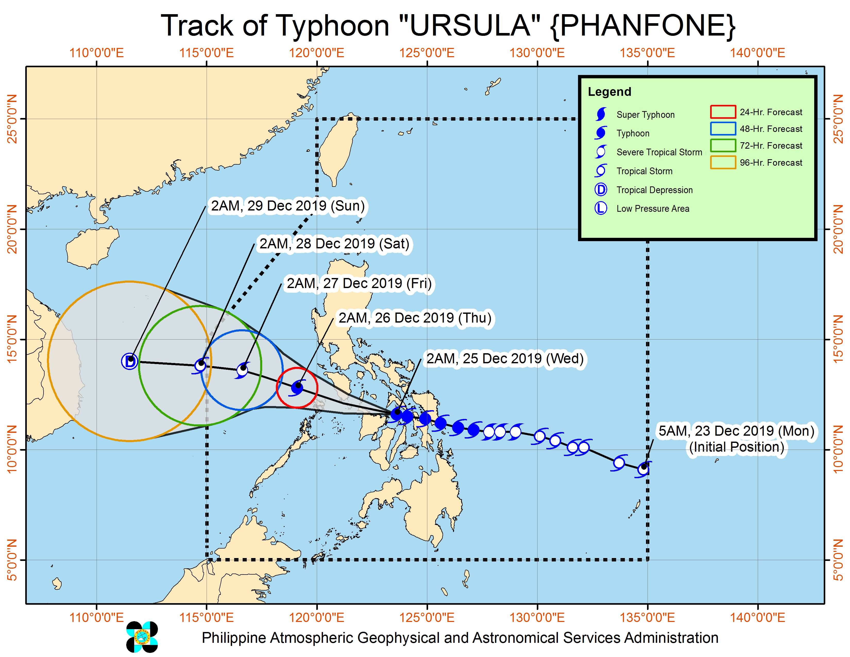 Forecast track of Typhoon Ursula (Phanfone) as of December 25, 2019, 5 am. Image from PAGASA 