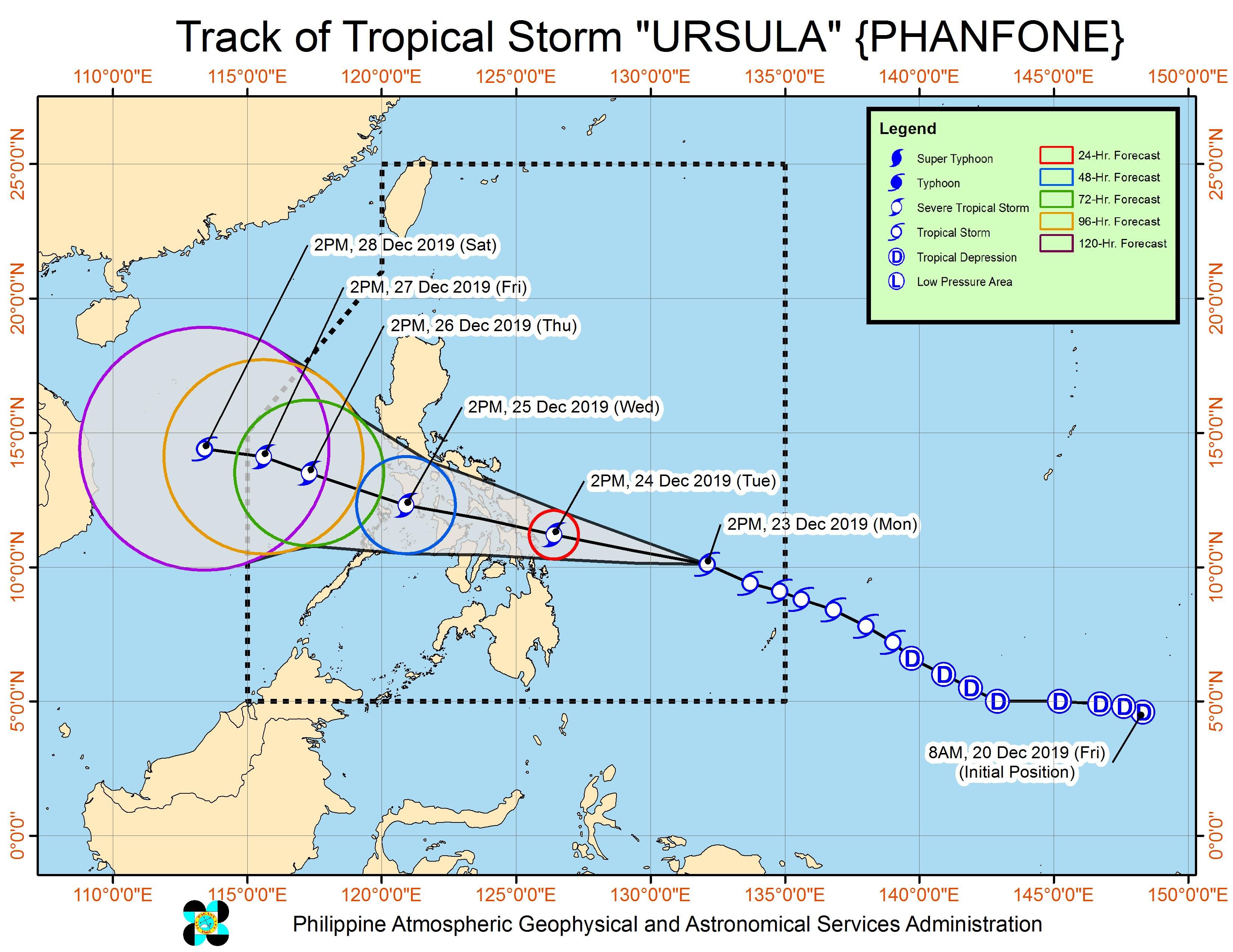 Forecast track of Tropical Storm Ursula (Phanfone) as of December 23, 2019, 5 pm. Image from PAGASA 