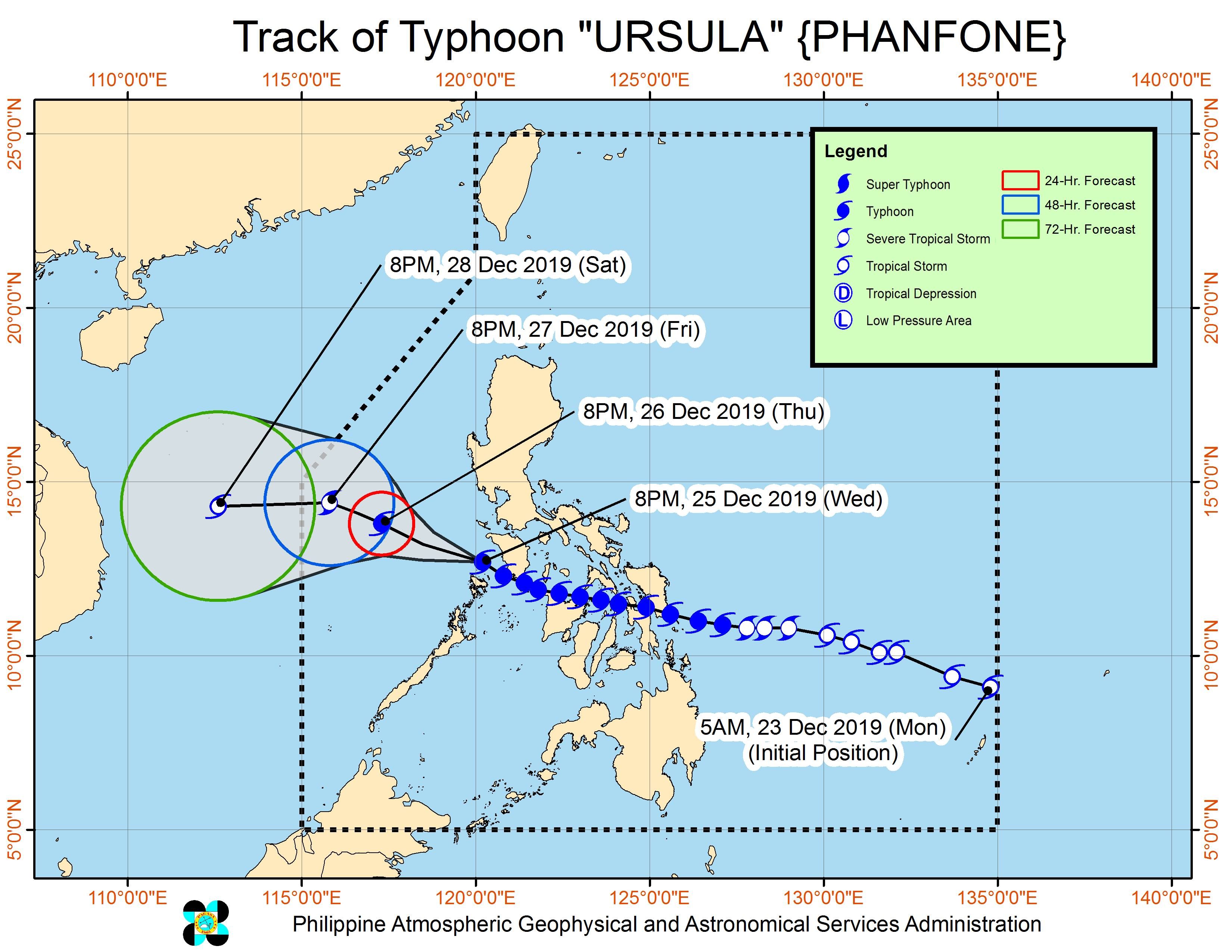 Forecast track of Typhoon Ursula (Phanfone) as of December 25, 2019, 11 pm. Image from PAGASA 