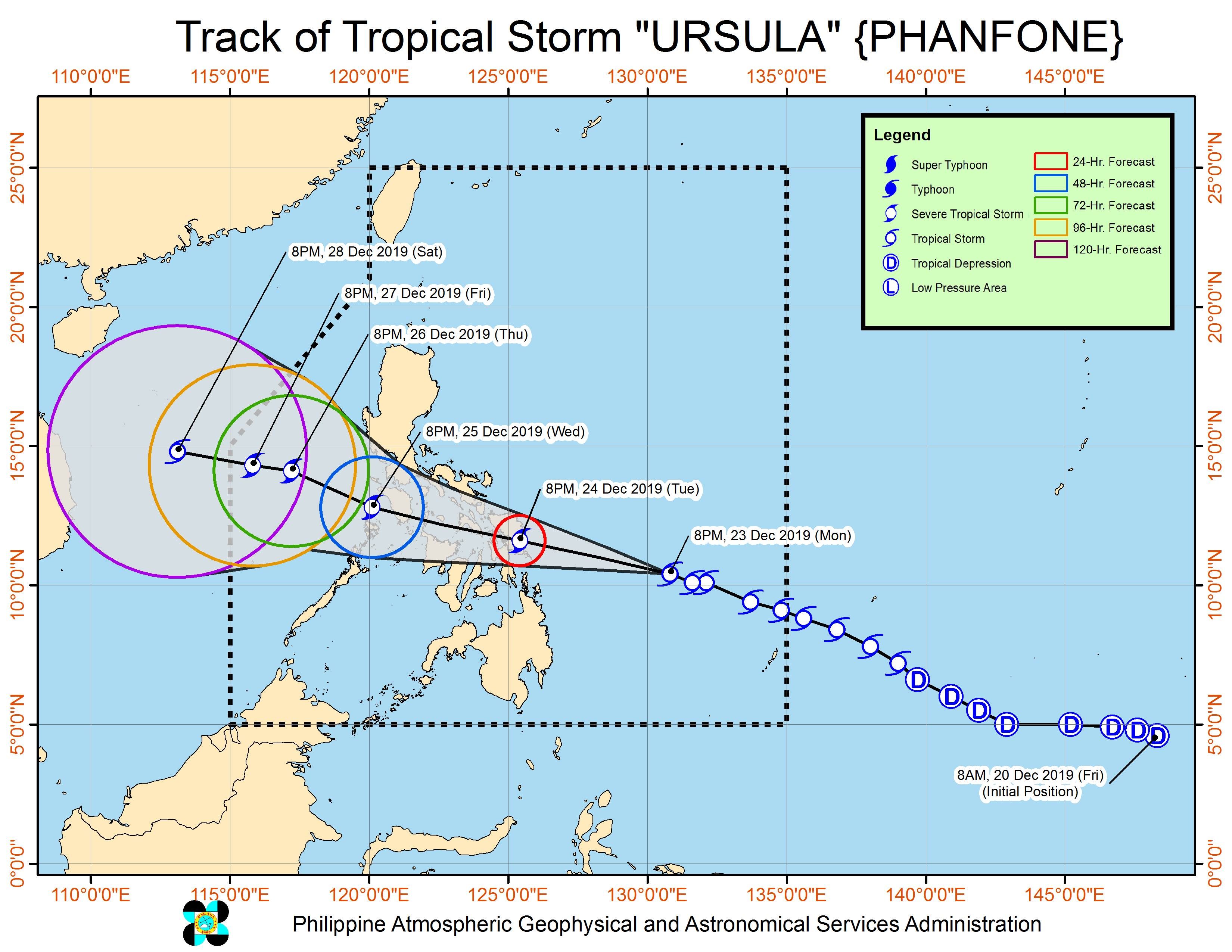 Forecast track of Tropical Storm Ursula (Phanfone) as of December 23, 2019, 11 pm. Image from PAGASA 
