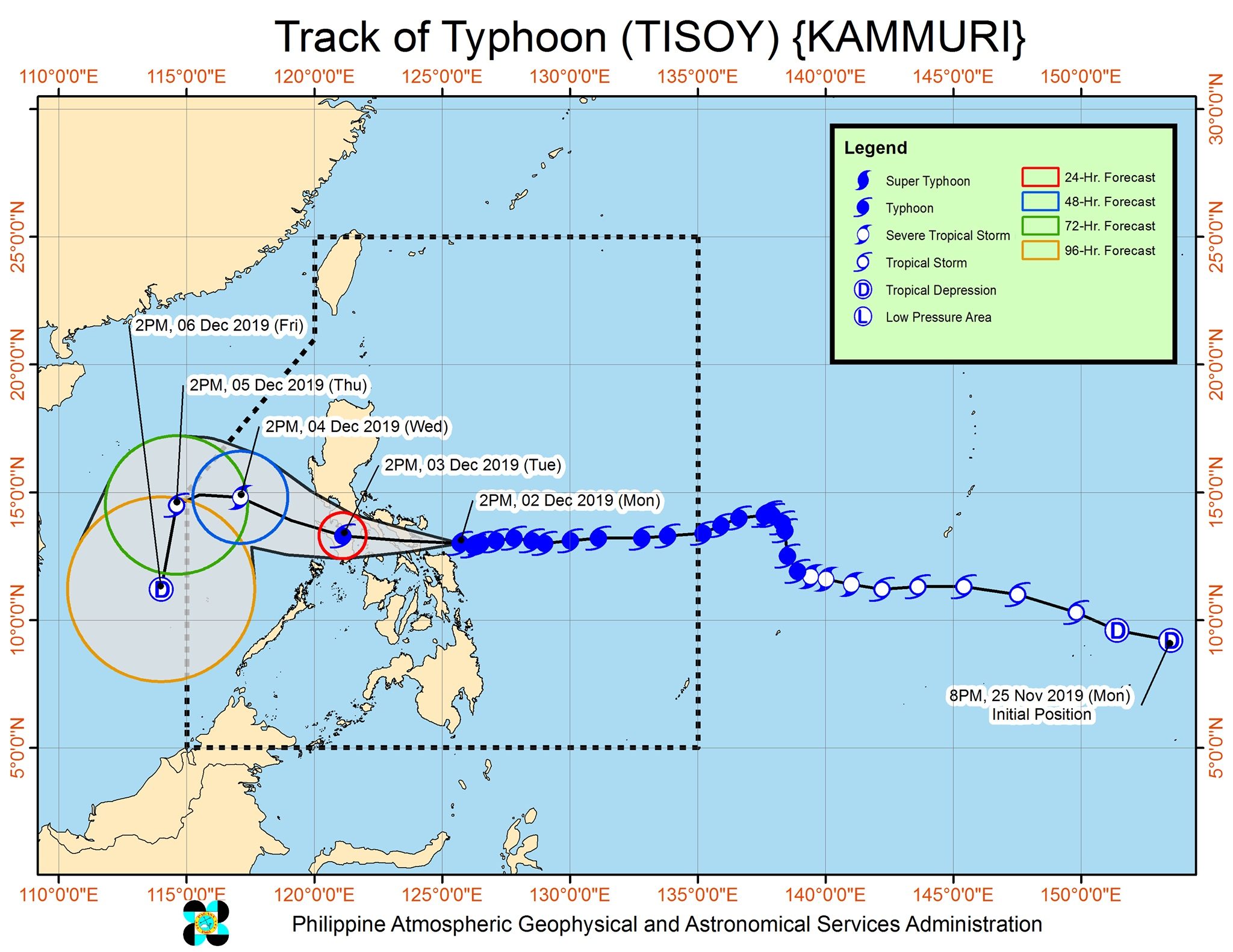 Forecast track of Typhoon Tisoy (Kammuri) as of December 2, 2019, 5 pm. Image from PAGASA 