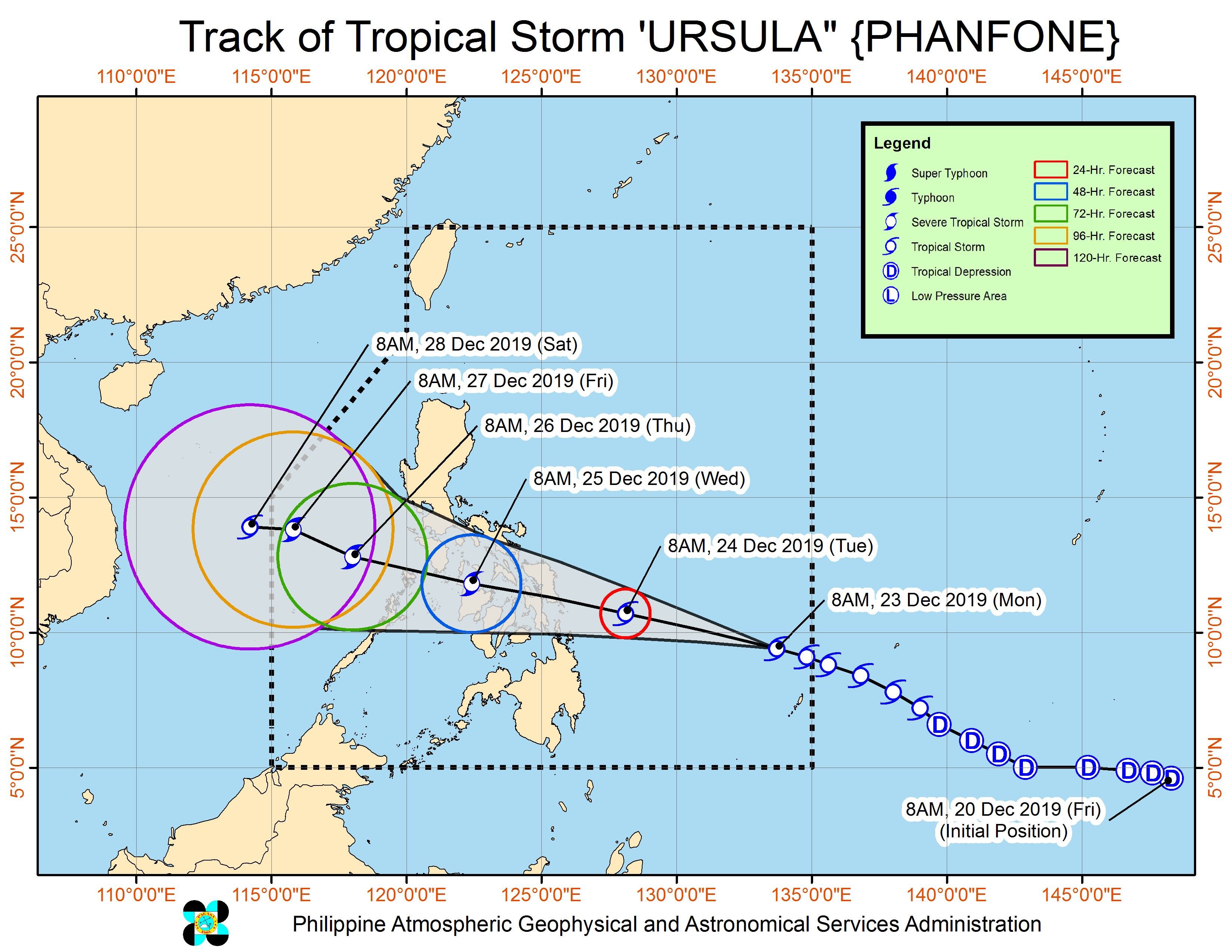 Forecast track of Tropical Storm Ursula (Phanfone) as of December 23, 2019, 11 am. Image from PAGASA 