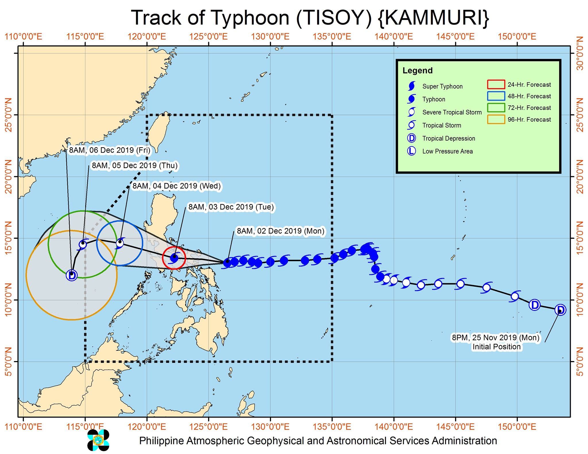 Forecast track of Typhoon Tisoy (Kammuri) as of December 2, 2019, 11 am. Image from PAGASA 