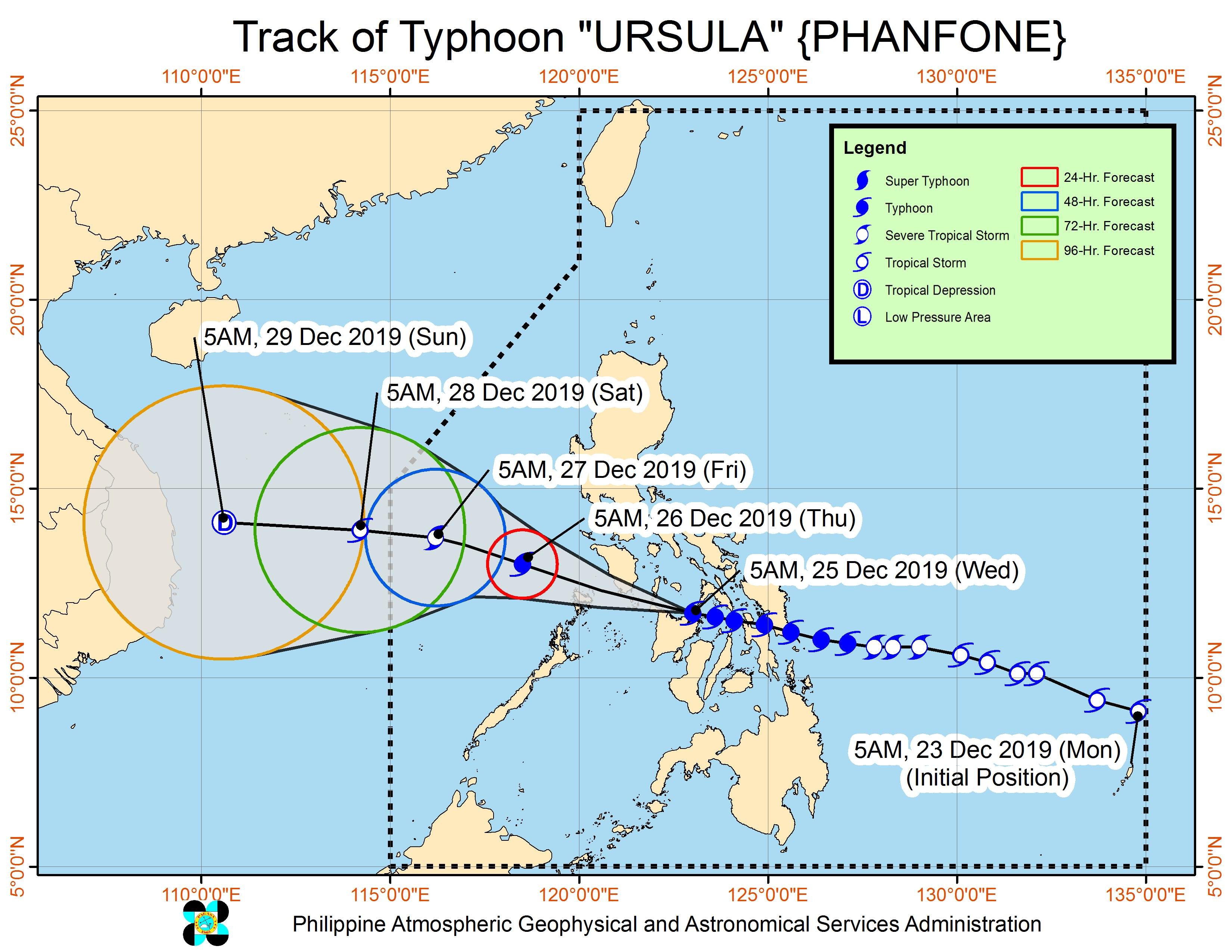 Forecast track of Typhoon Ursula (Phanfone) as of December 25, 2019, 8 am. Image from PAGASA 